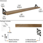 A detailed dimension overview of the shelf, which measures 60 inches in length and features metal brackets for support. The package includes a wood wall mounted shelf, two metal brackets, plastic anchors, and steel screws for easy installation.