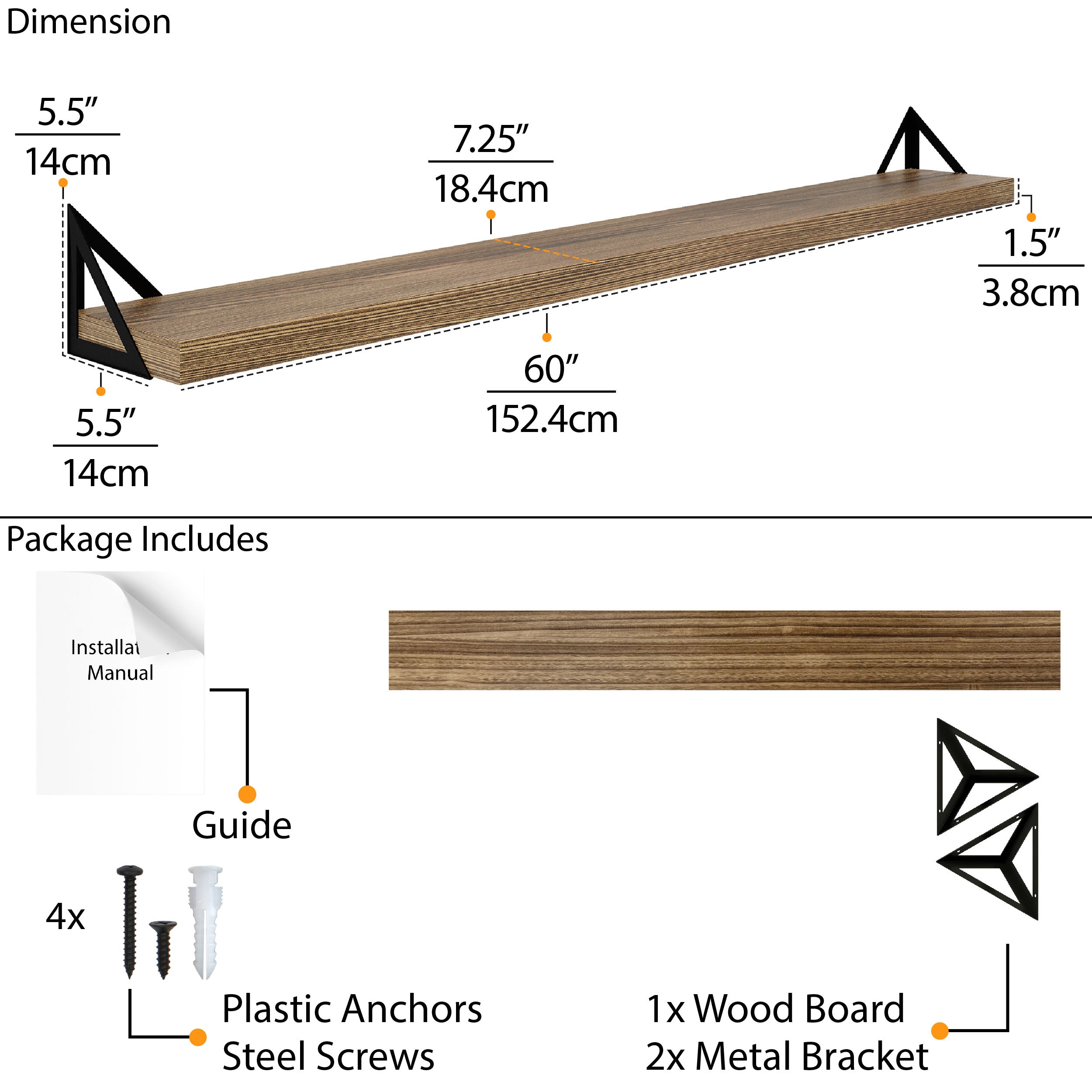 A detailed dimension overview of the shelf, which measures 60 inches in length and features metal brackets for support. The package includes a wood wall mounted shelf, two metal brackets, plastic anchors, and steel screws for easy installation.