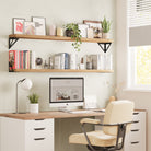 2 office organizer shelves in a home office setting, mounted above a desk. The shelves are neatly organized with books, plants, and office supplies, illustrating how the shelf can be used to create an organized and stylish workspace.
