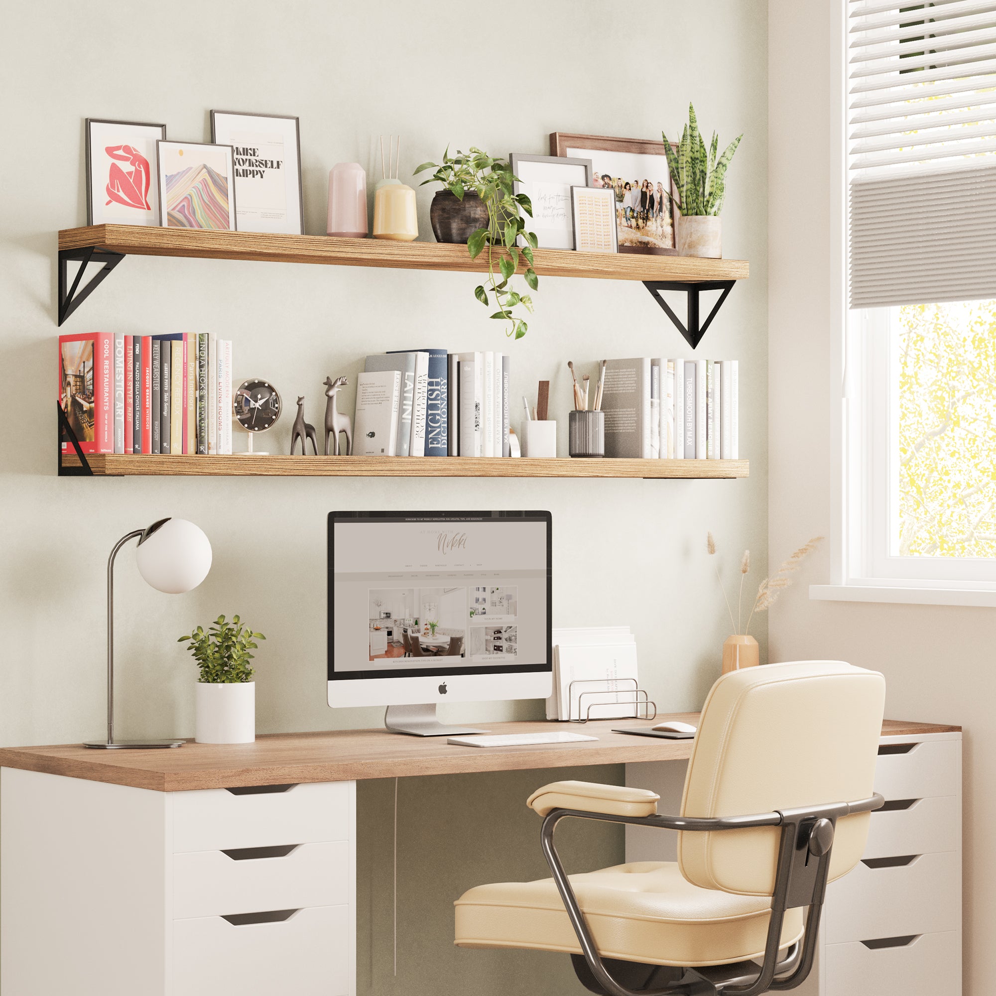 2 office organizer shelves in a home office setting, mounted above a desk. The shelves are neatly organized with books, plants, and office supplies, illustrating how the shelf can be used to create an organized and stylish workspace.