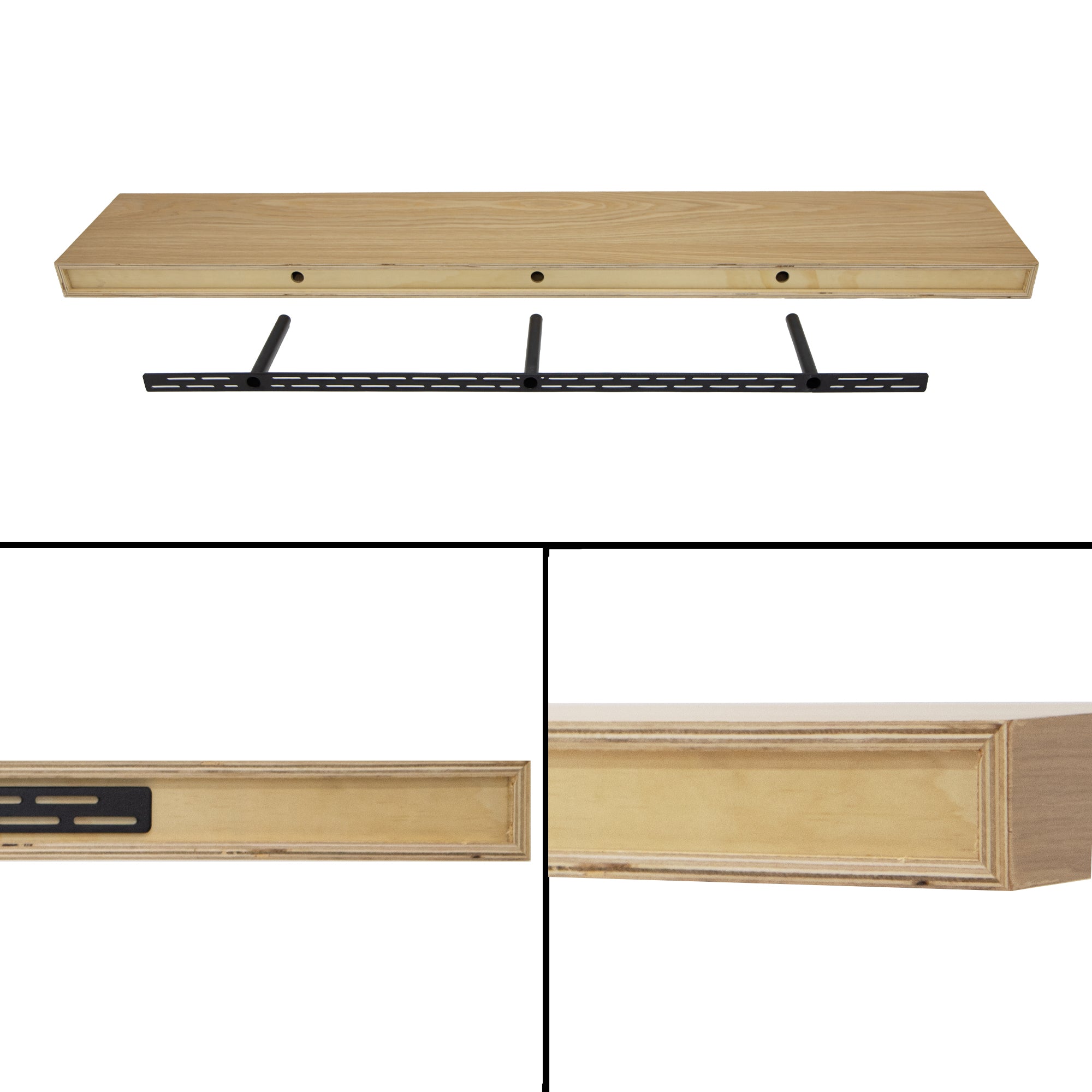 Detailed installation displaying the underside of the shelf with invisible bracket, and precise craftsmanship—underscoring strength, quality, and hidden support.