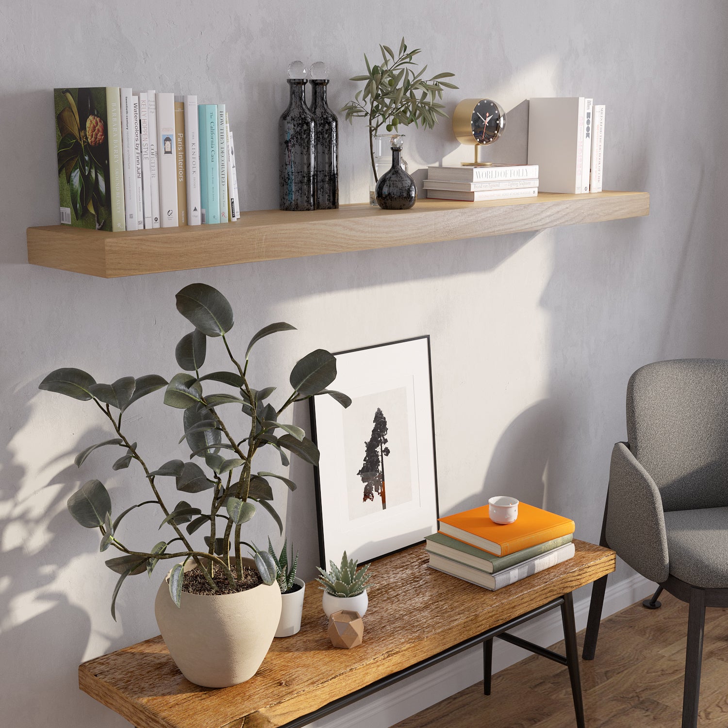 A wall mounted farmhouse shelf in a natural polyurethane finish styled above a rustic console table. Features plants, books, and modern ceramics, ideal for entryways, reading nooks, or cozy corners.
