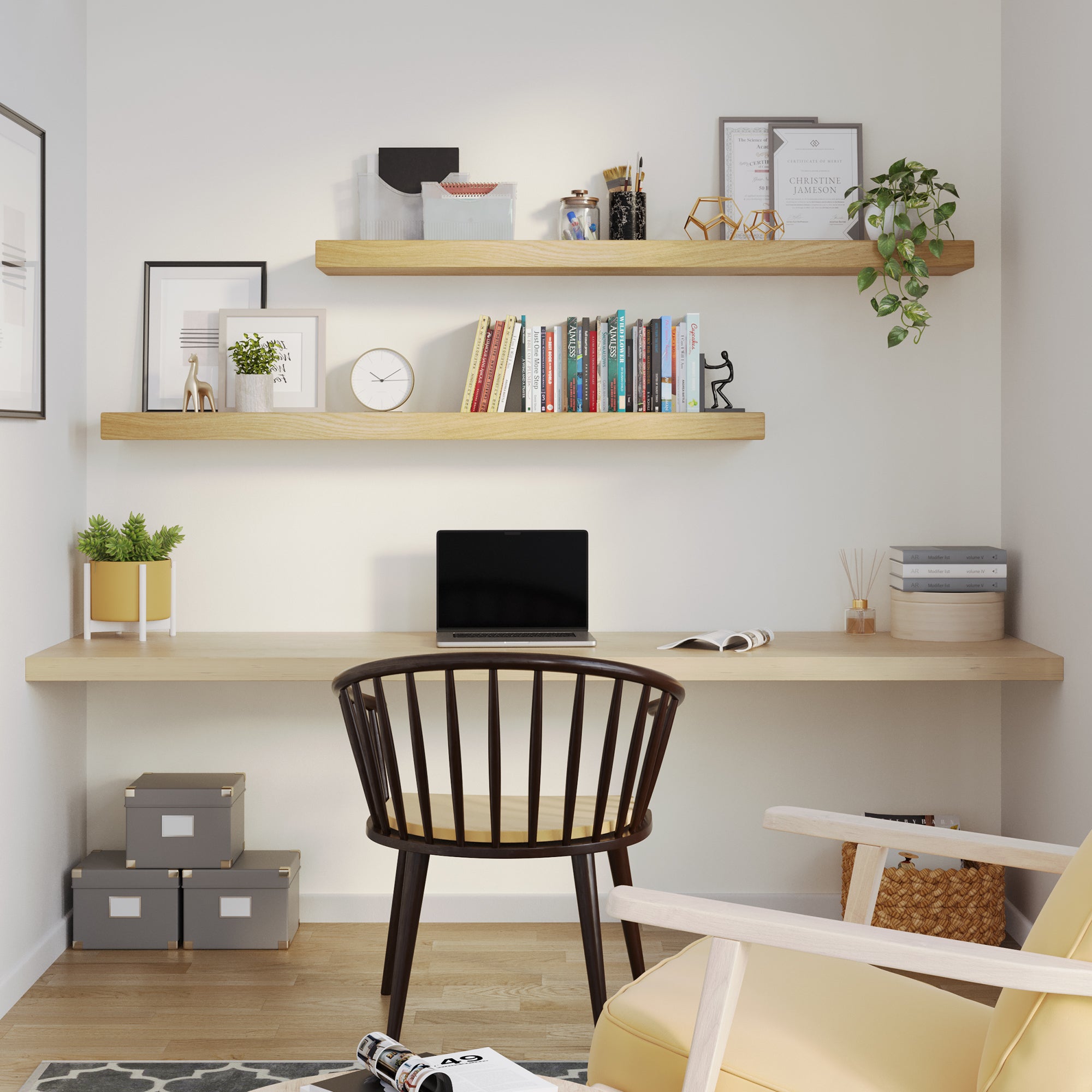 Two floating shelves with invisible bracket used in a bright home office setup. Demonstrates efficient vertical storage and elegant styling with books, greenery, and workspace décor.