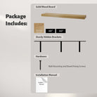 Hardware package breakdown with solid wood board (white oak veneered), sturdy hidden brackets, all wall mounting screws, and installation manual.