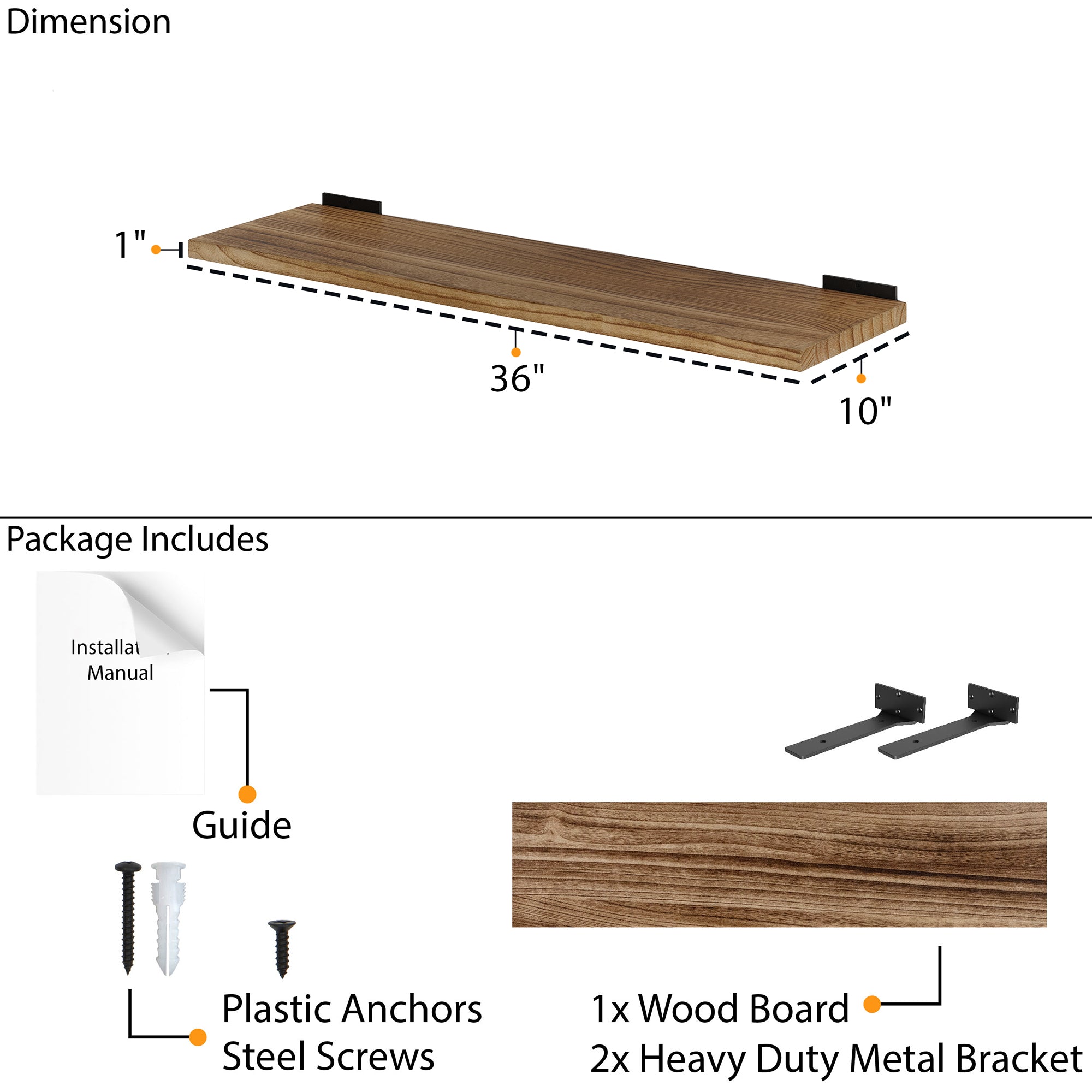 36 inch floating book shelf dimensions with rich burnt finish and hidden heavy-duty metal brackets. Includes wood shelf, steel screws, plastic anchors, and installation guide for secure long shelf wall mounting.