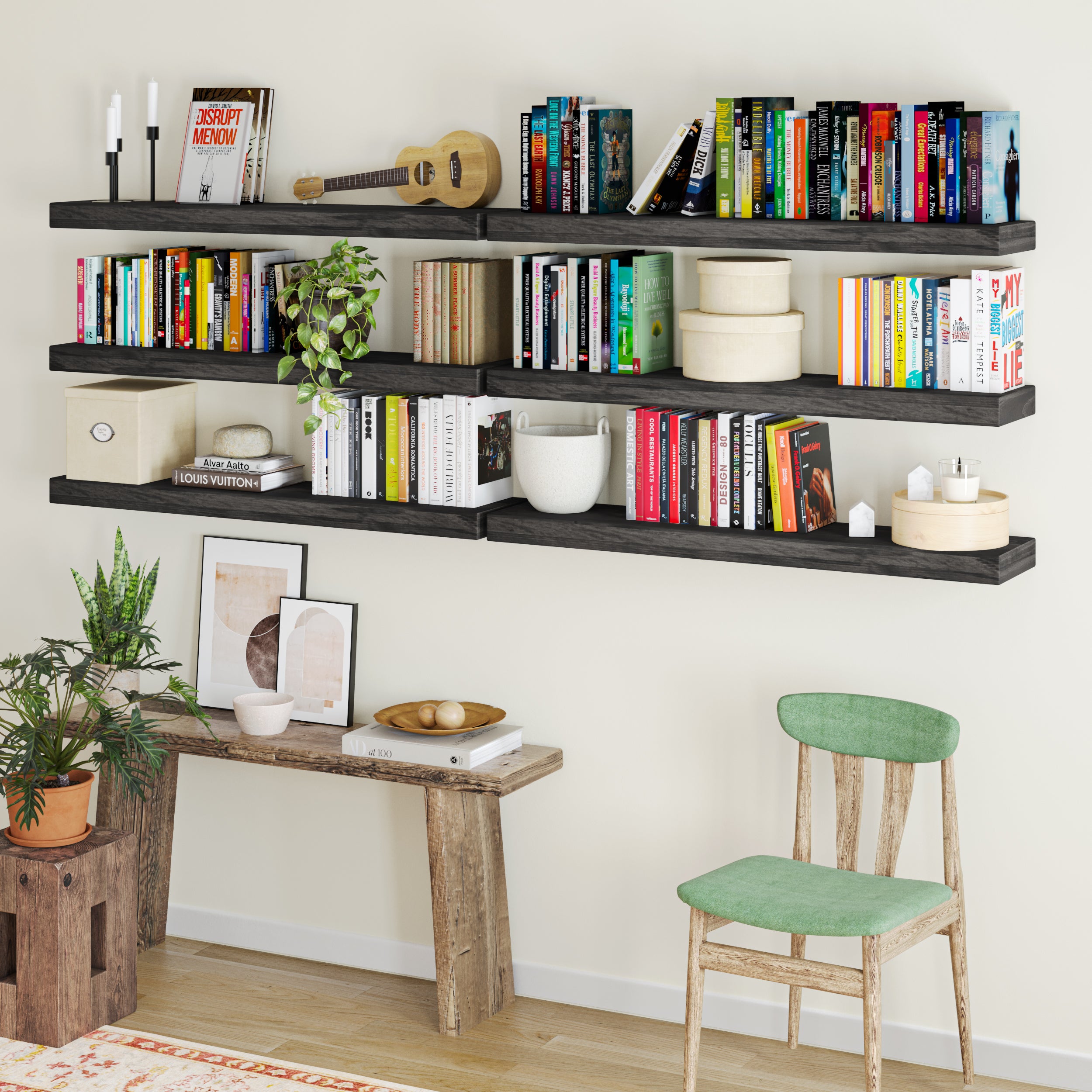 A functional and decorative wall-mounted setup featuring six floating ebony-finish farmhouse shelves filled with books, plants, and storage boxes. Perfect for a home library or study room.