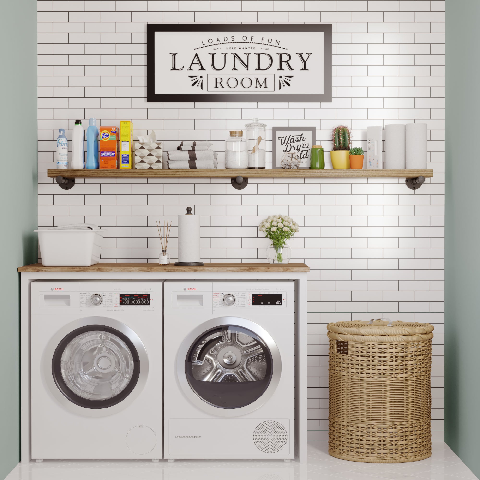 Organized laundry room with a pipe shelf storing detergents, towels, and décor, enhancing utility and style.