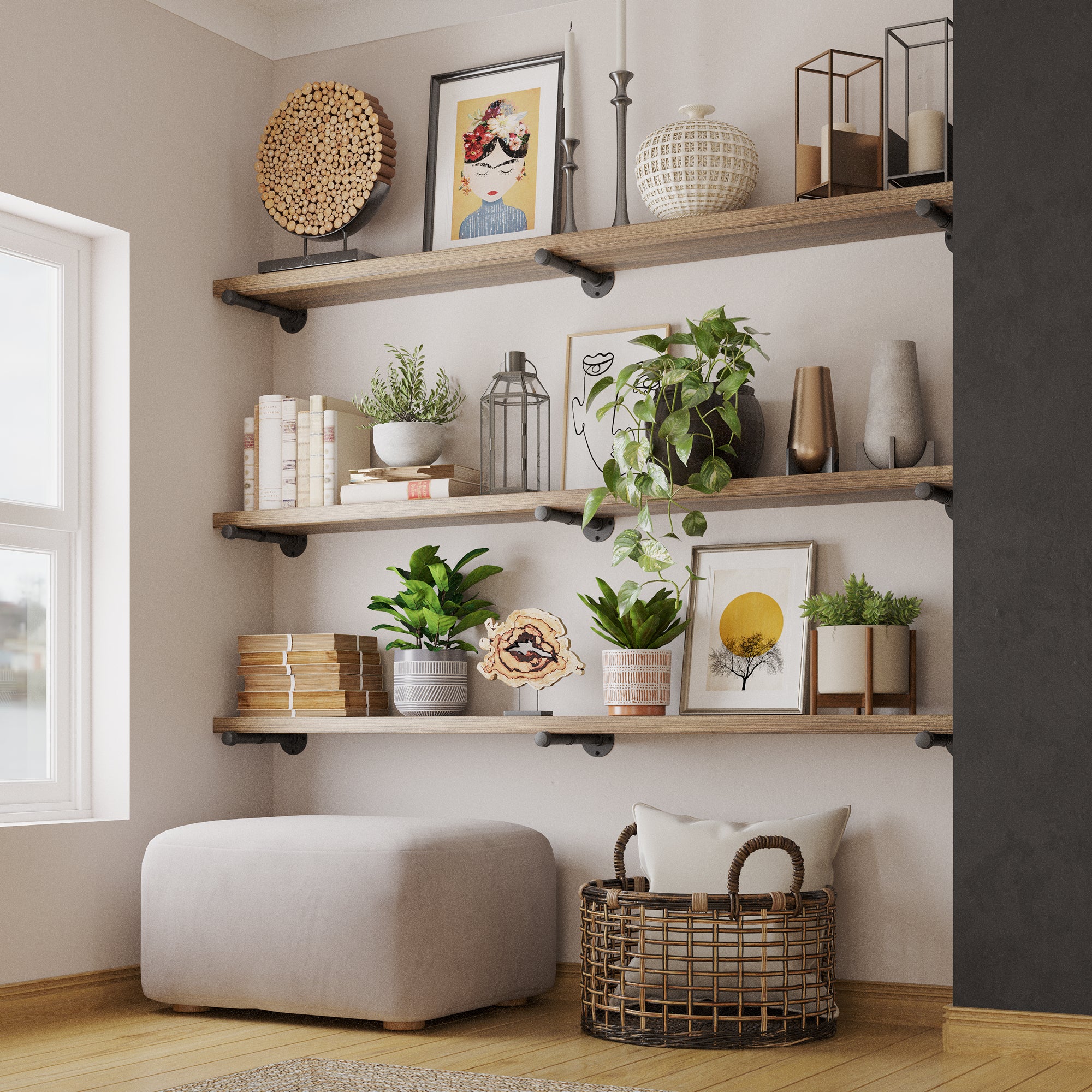 A warm and inviting nook with multiple industrial pipe shelves adorned with books, plants, and art, creating a homely vibe.