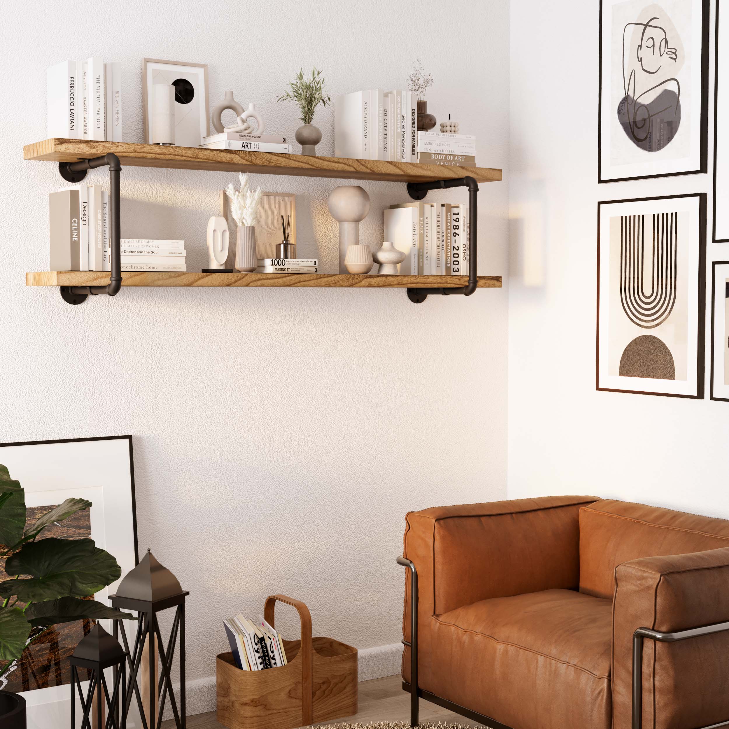 Image 6: PIPE 60'' Floating Pipe Shelves in a living room, adorned with books and minimalist decor.