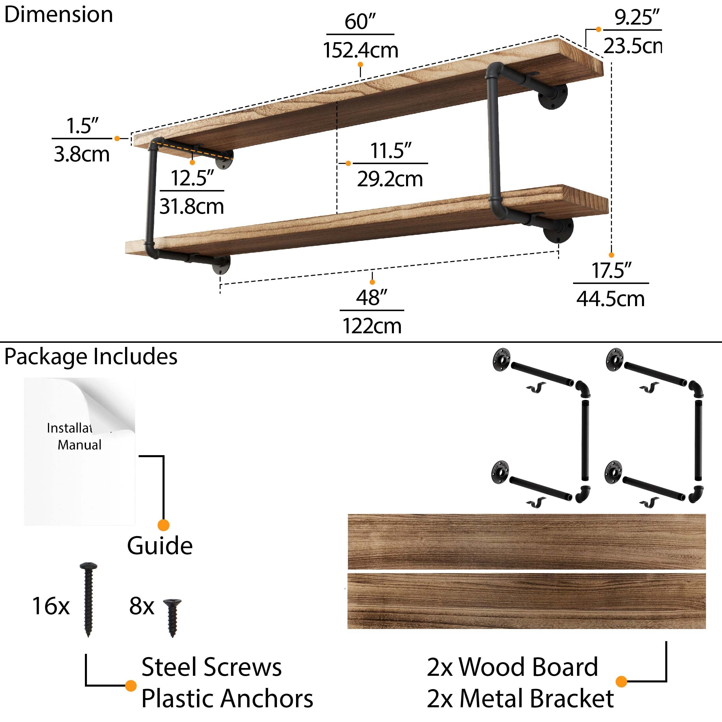 Dimensions and package contents of PIPE 60'' Floating Pipe Shelves, including wood boards and metal brackets.