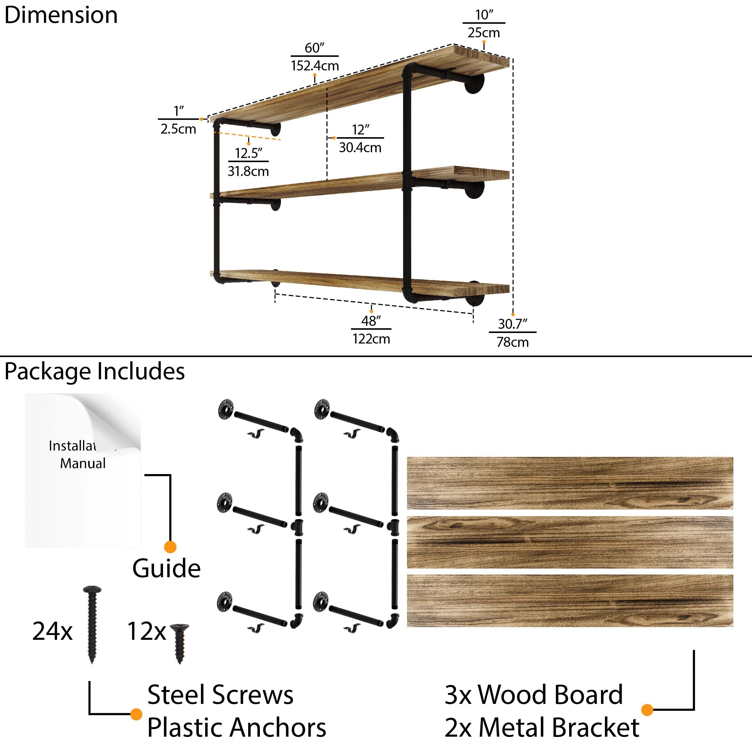 Dimension guide for PIPE 60'' Floating Pipe Shelves - 3 Tier - Burnt, showing size and installation parts included."