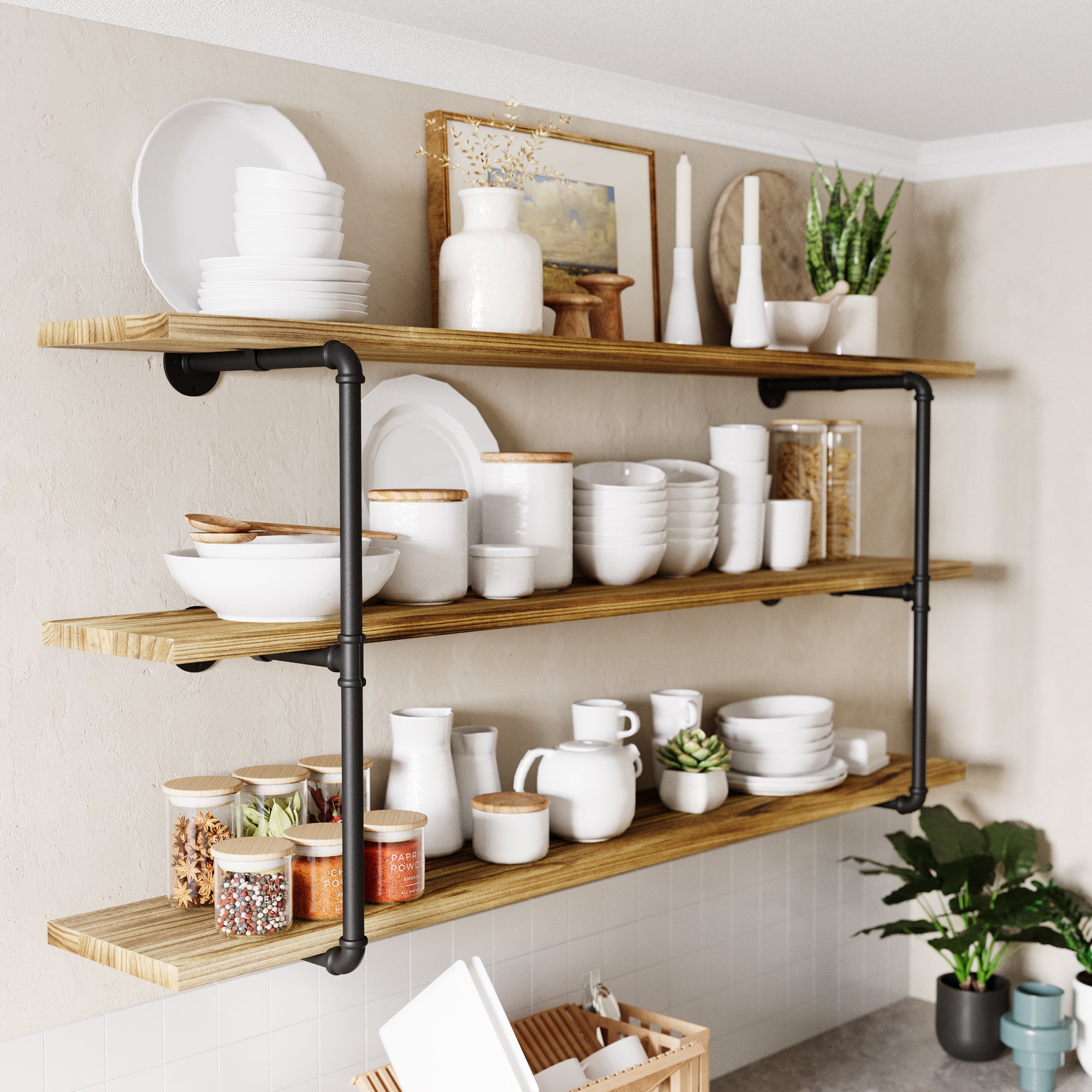Burnt color 60'' and 3 tiered floating long shelves with heavy duty pipe brackets, perfect for organizing dishes and kitchenware.