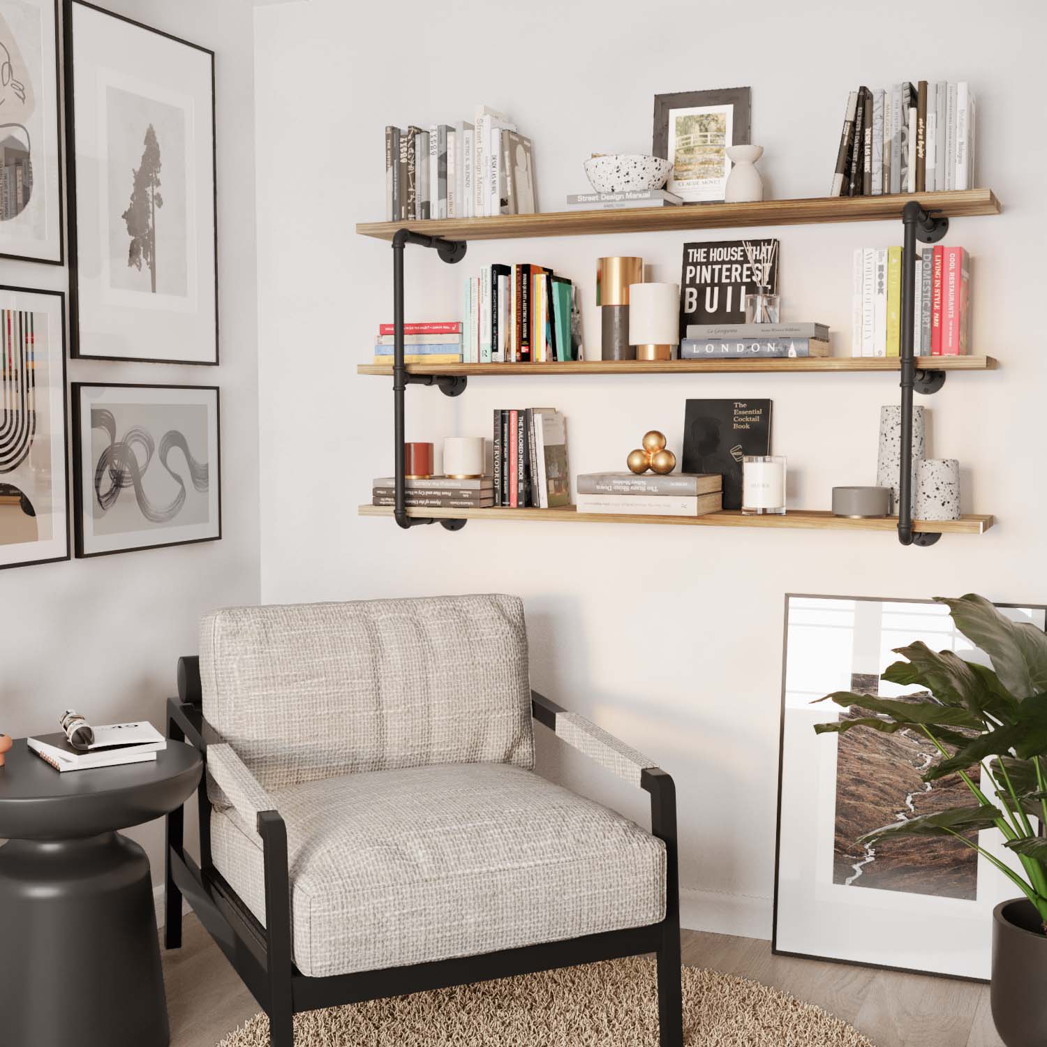 Industrial chic living room with PIPE 60'' Floating Pipe Shelves - 3 Tier - Burnt, stylishly showcasing books and decor.
