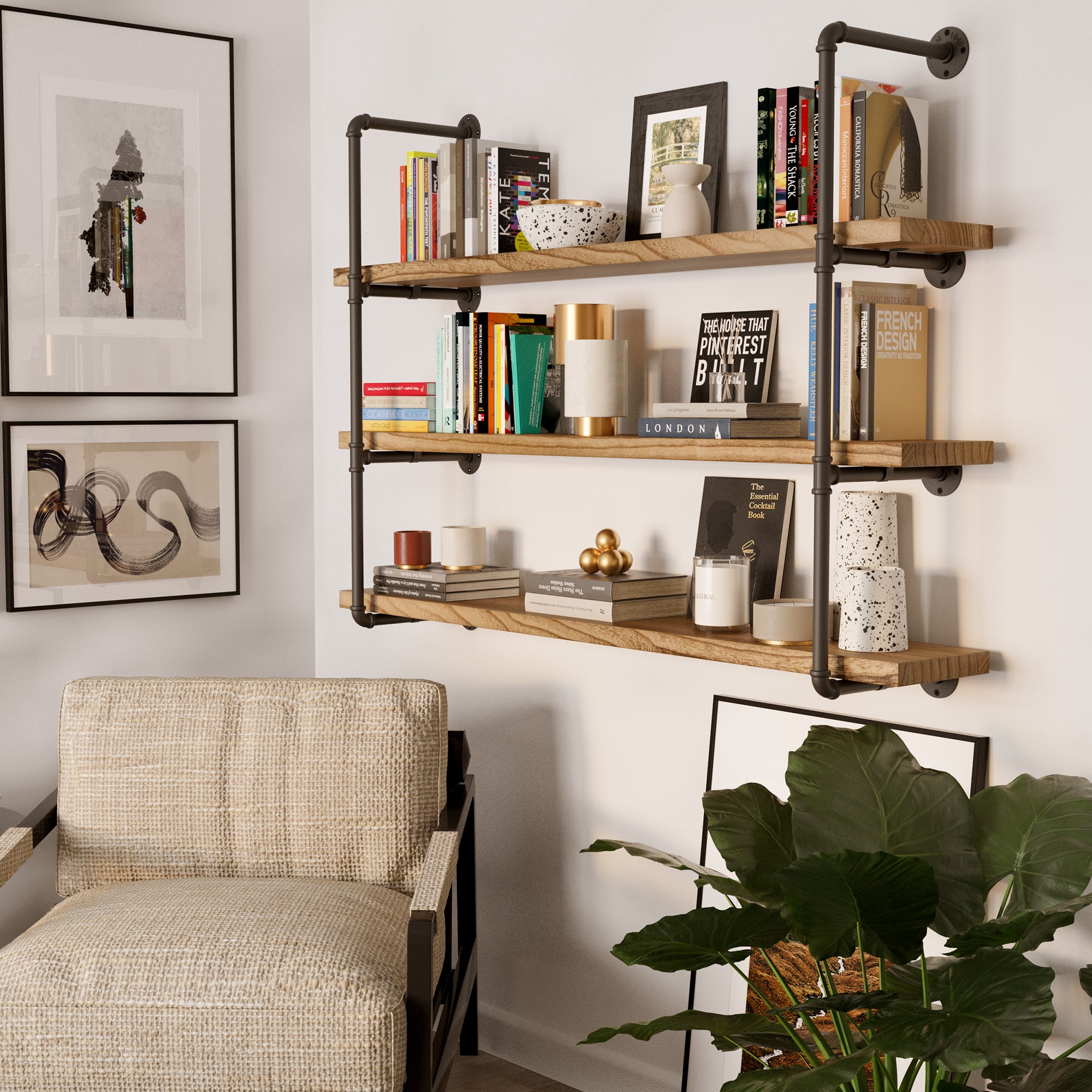 Cozy nook featuring PIPE 60'' Floating Pipe Shelves with books and decor; iron pipe brackets and burnt wood.