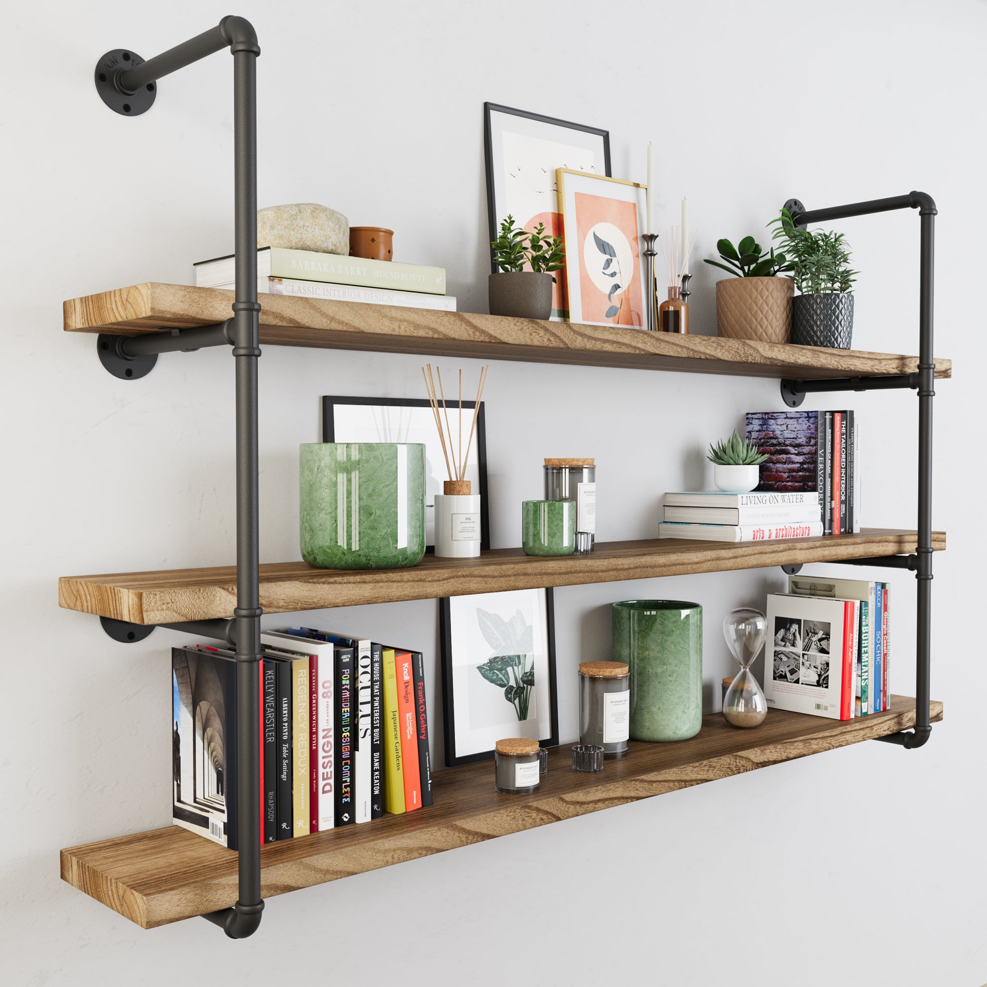 Room with PIPE 60'' Floating Pipe Shelves displaying books and decor; striking contrast of iron and wood.