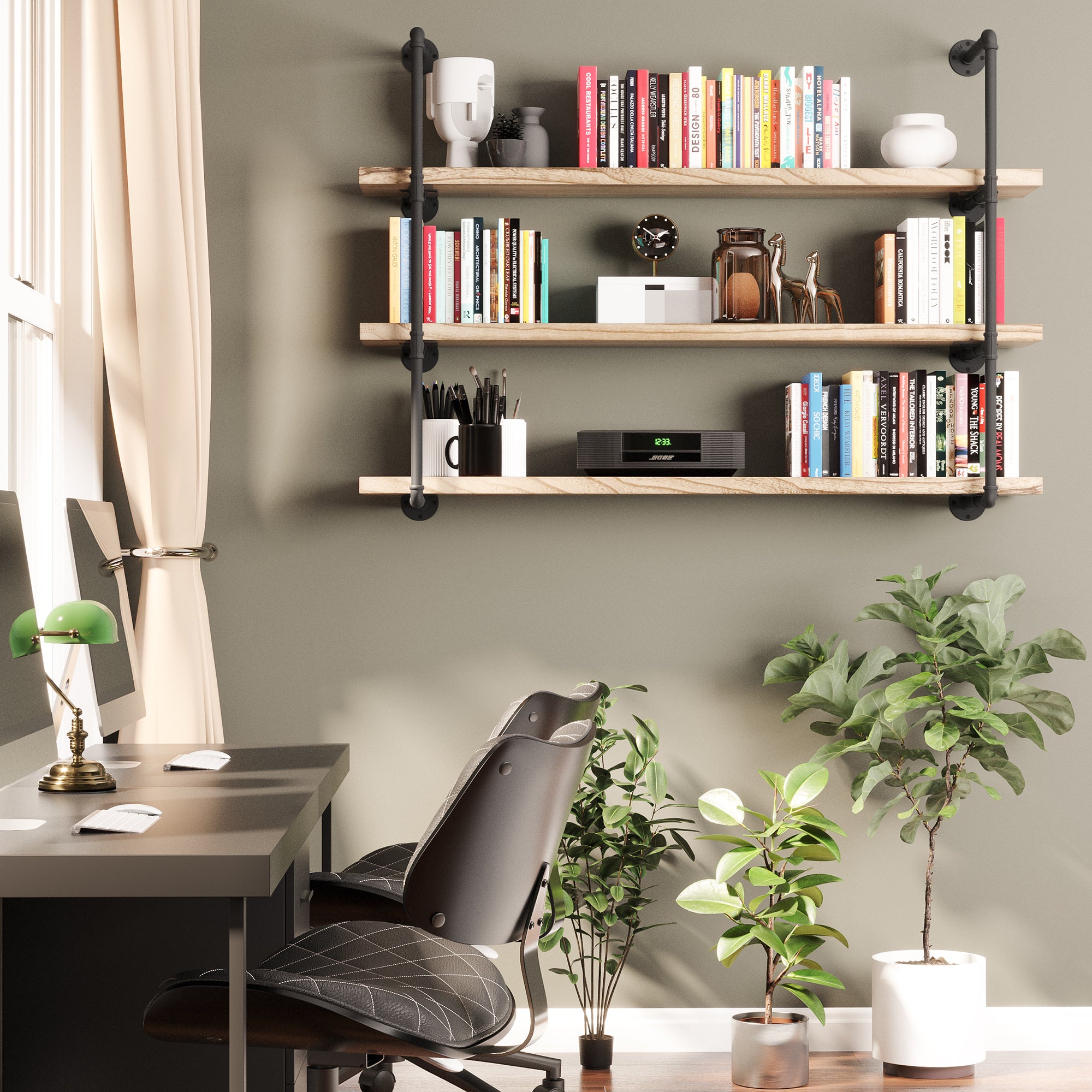 Decorative items on PIPE 60'' Floating Pipe Shelves; sturdy iron brackets and burnt wood for industrial elegance.