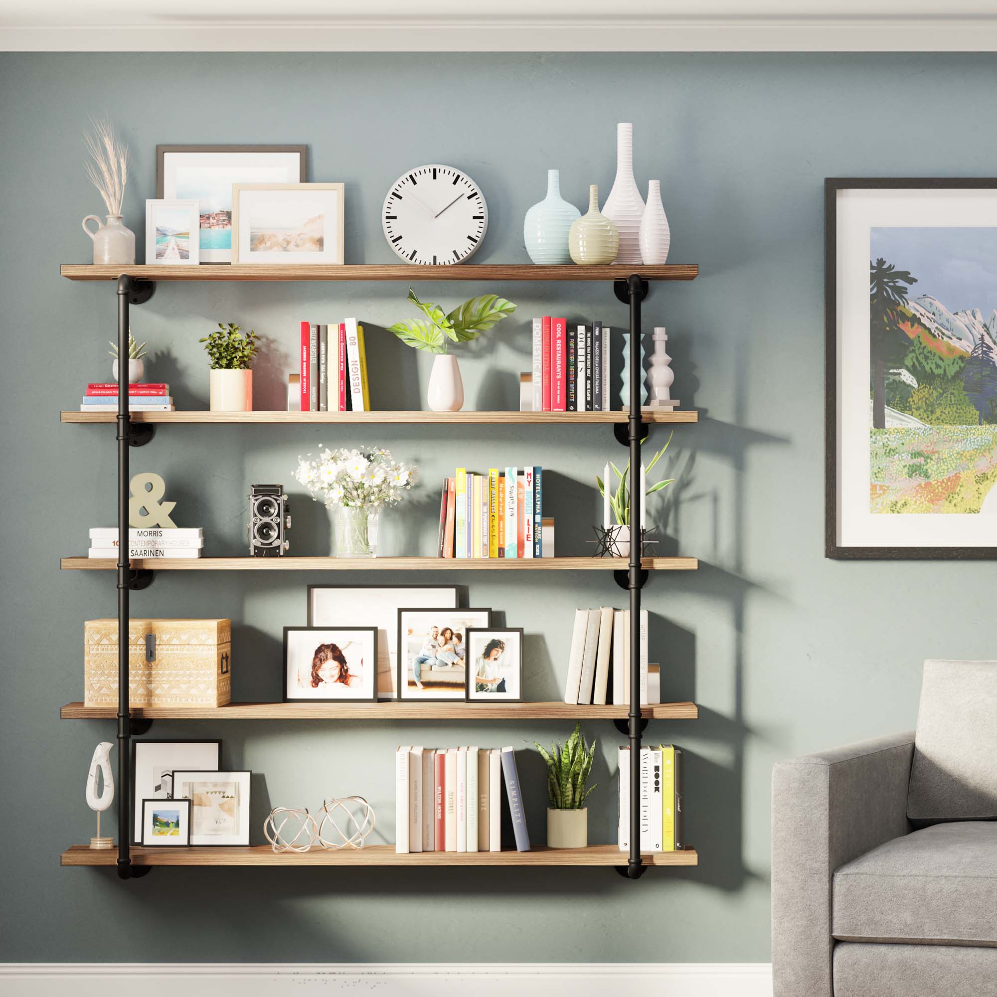 60 inch 5 tier shelf with a burnt finish and rich ebony wood tone, styled as a 5 tier wall bookshelf. This rustic pipe shelving unit offers farmhouse storage for books, décor, plants, and living room organization.