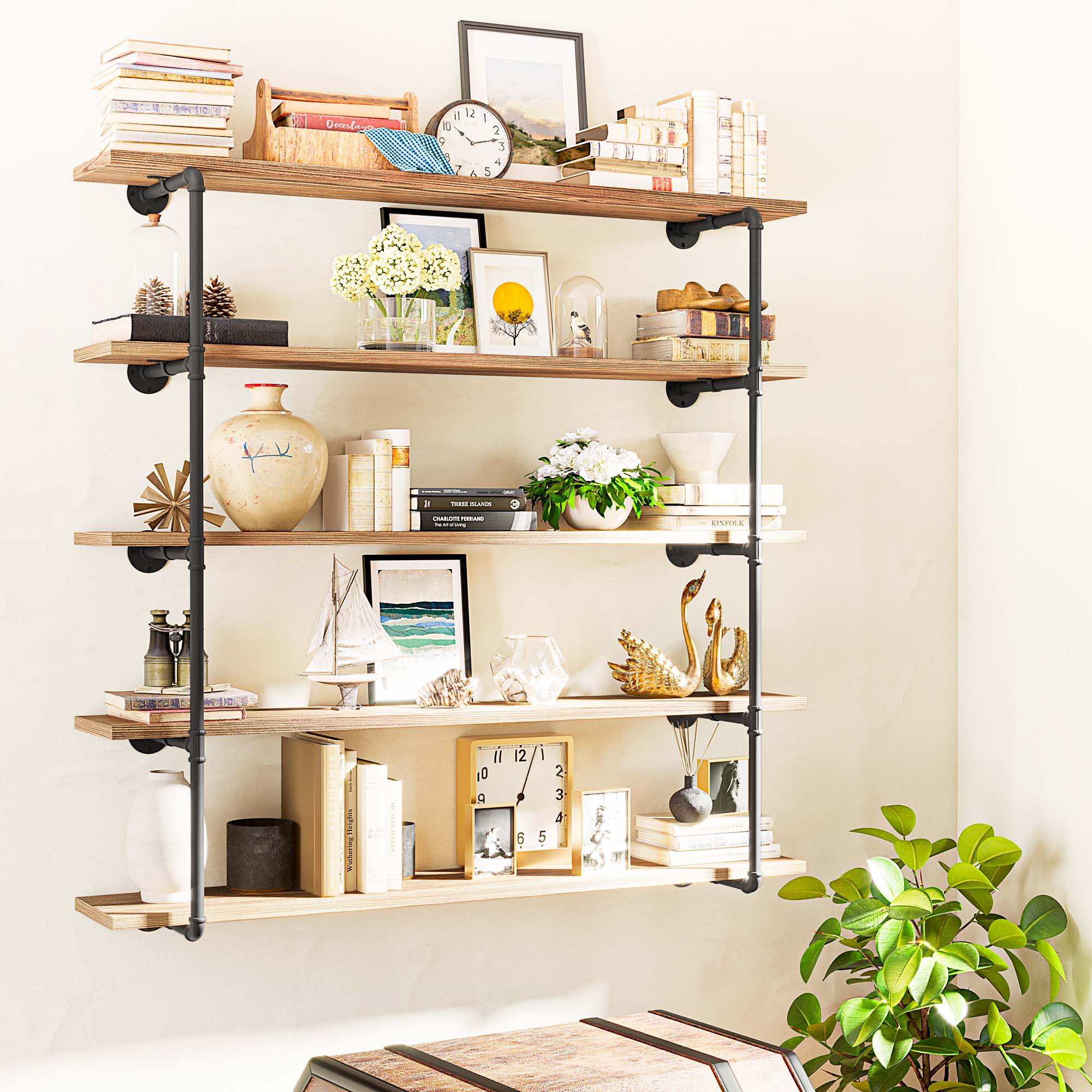 Decorative 5 tier industrial pipe shelf with rich ebony finish and burnt wood appearance. This 60 inch bookshelf blends rustic industrial style with practical wall storage for books, framed art, vases, and accents.