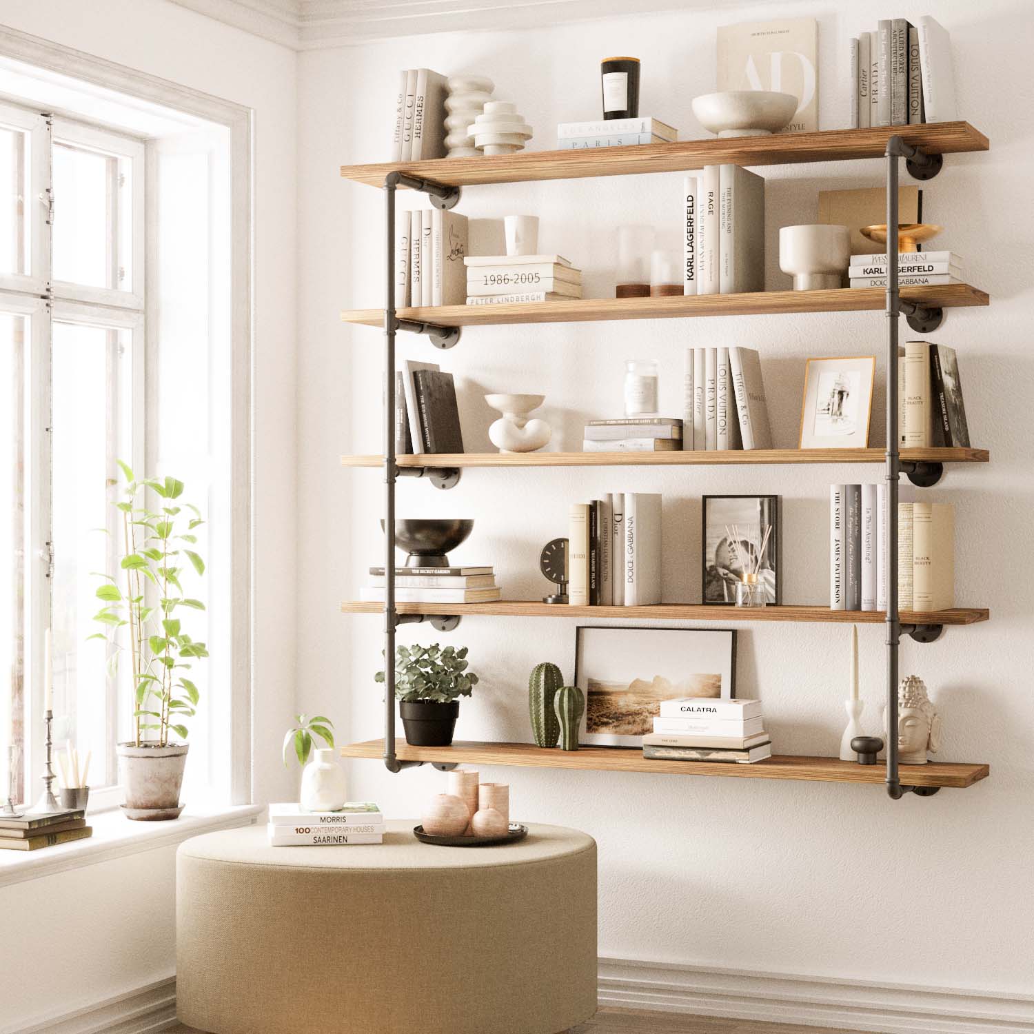 60 inch long wall mounted farmhouse shelf in a burnt finish, designed as a 5 tier bookshelf for living room, office, or bedroom storage. Rustic wood shelves and heavy-duty pipe brackets create modern farmhouse wall décor.