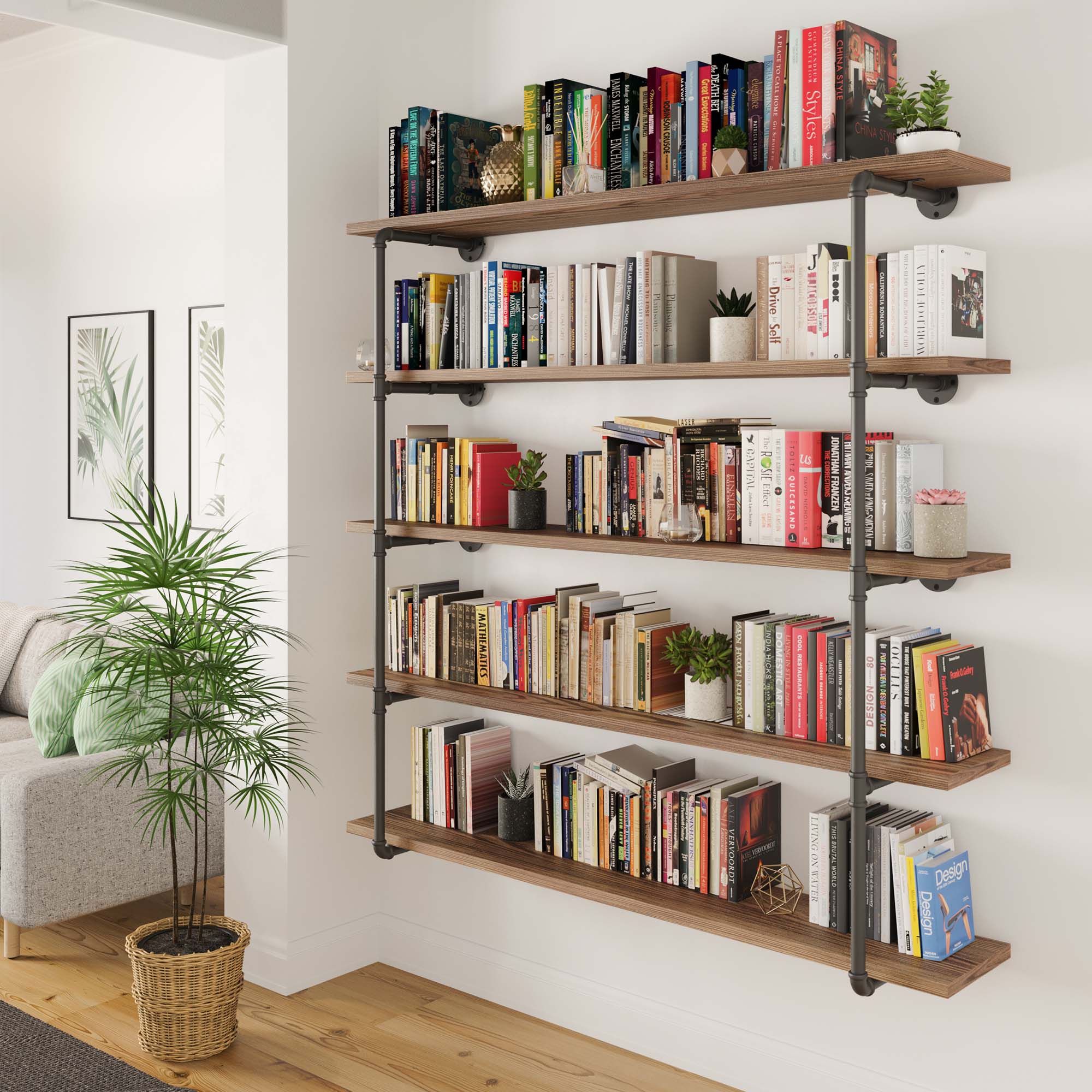 Industrial pipe bookshelf featuring a burnt finish and rich ebony wood shelves with black pipe brackets. This 60” long wall-mounted shelving unit maximizes vertical storage for books, collectibles, and home décor.