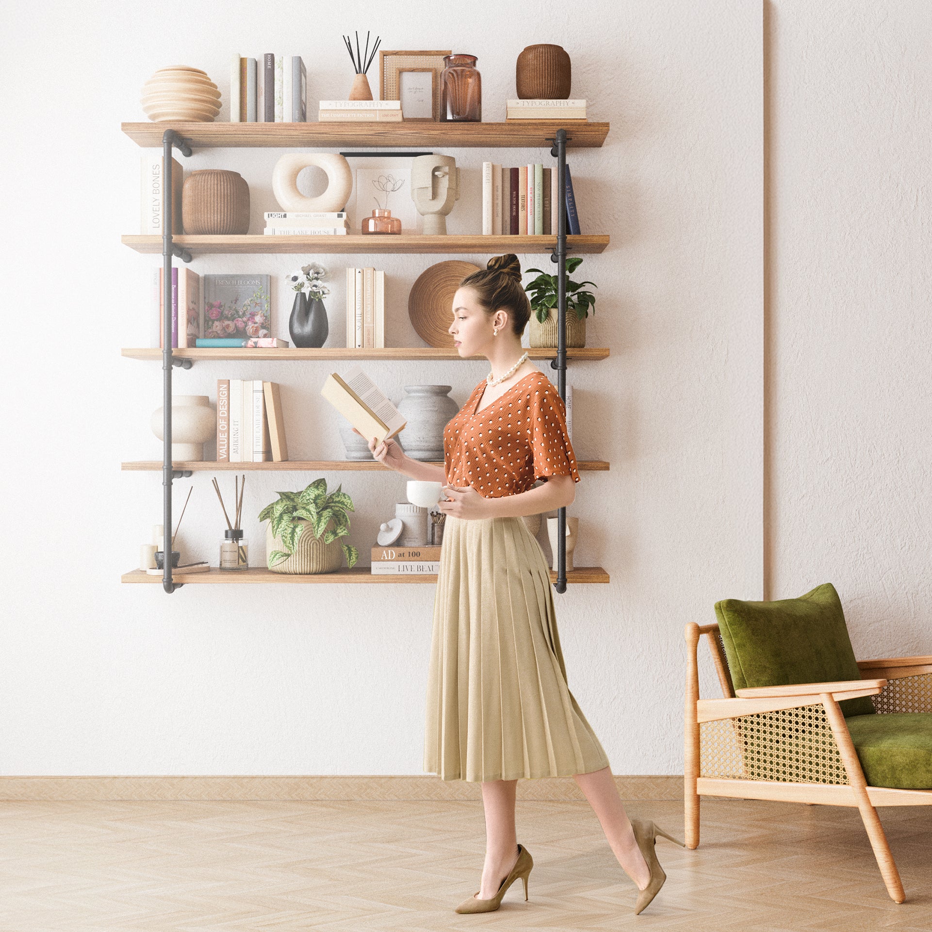 A woman reading in front of the pipe long shelves with heavy duty pipe brackets. The storage shelves are beautifully styled with books, plants, and decorative items, creating a cozy and inviting atmosphere.