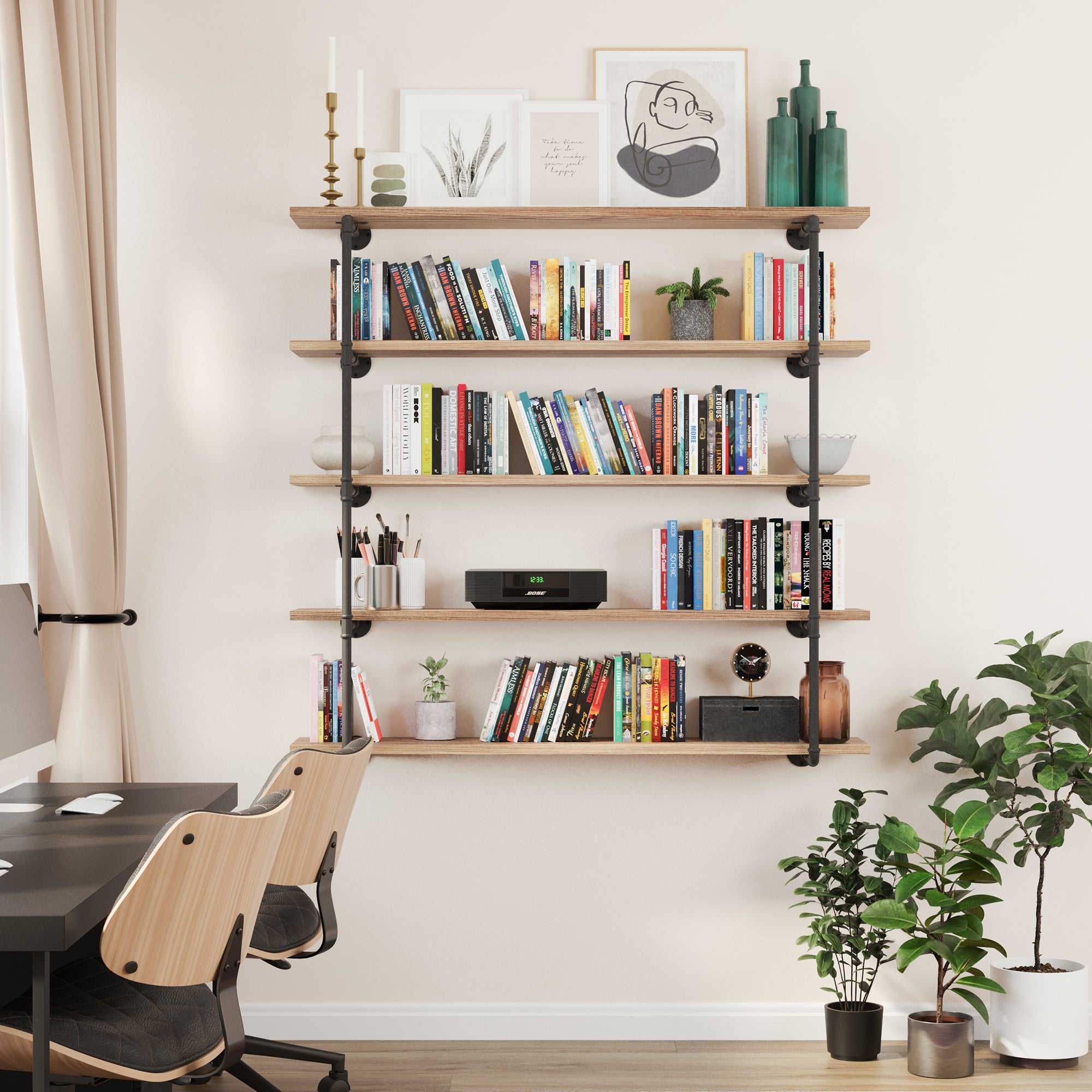 An office setup featuring the heavy duty pipe long shelves, showcasing books, decor items, and office supplies. The organizer shelves add a touch of sophistication and organization to the workspace.