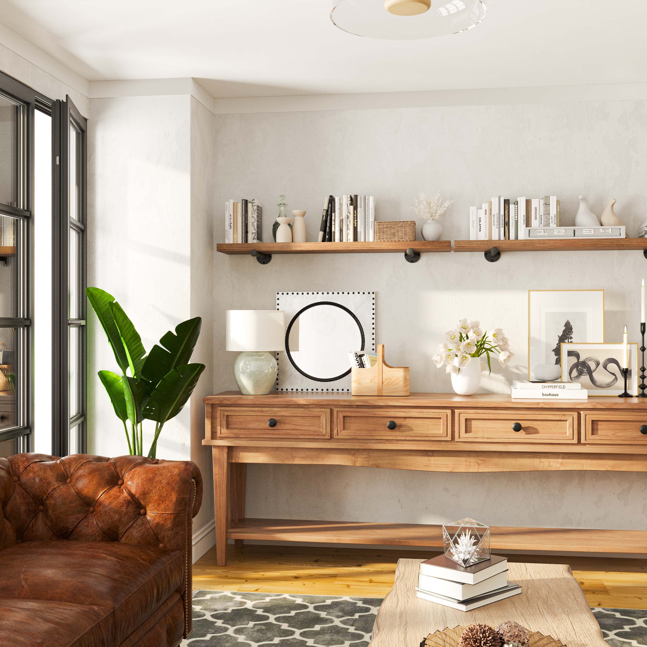 Two living room shelves in a living area styled with books and neutral decor for a warm, traditional look.