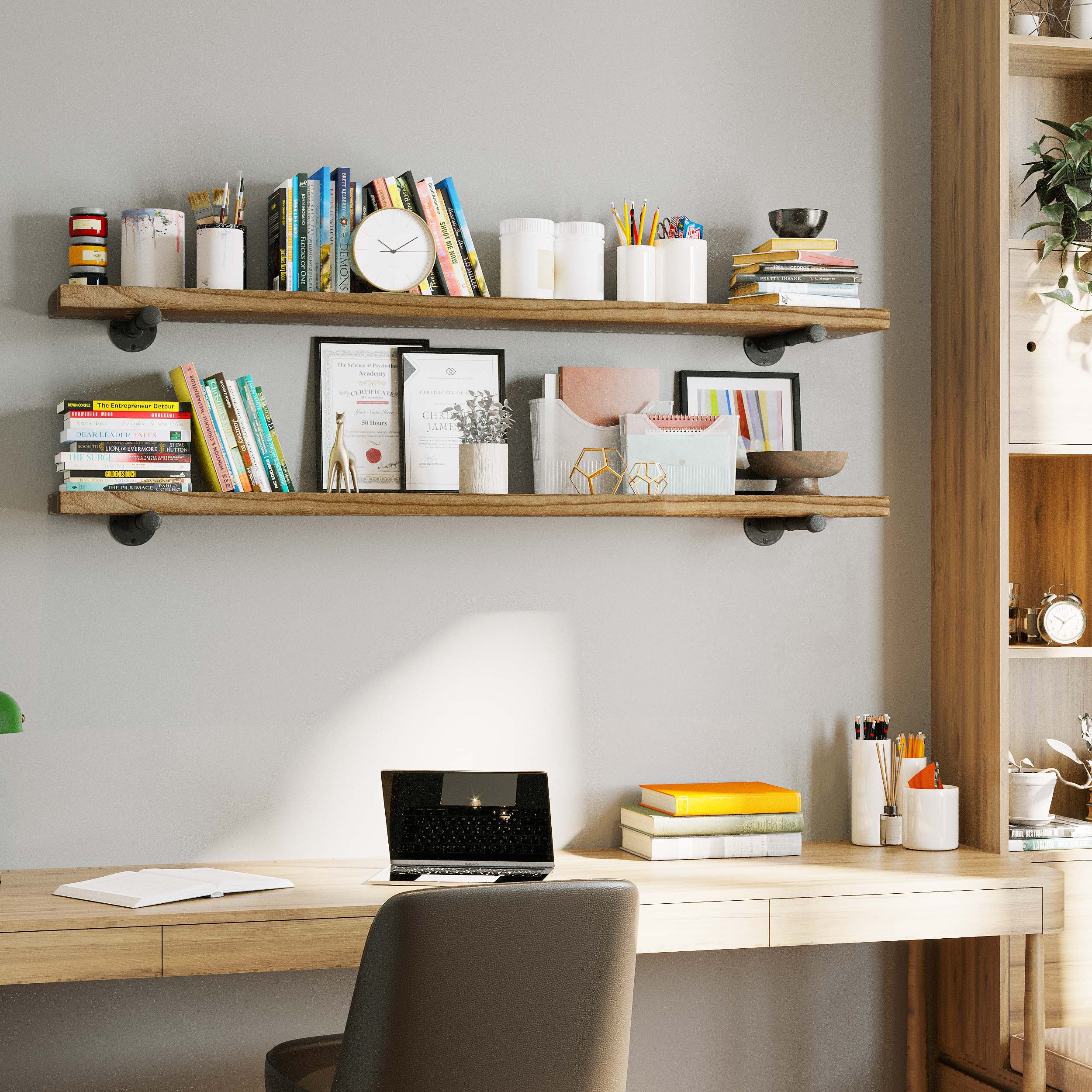 Two office shelves over a desk, styled with books, stationery, and decor for a practical and aesthetic workspace.