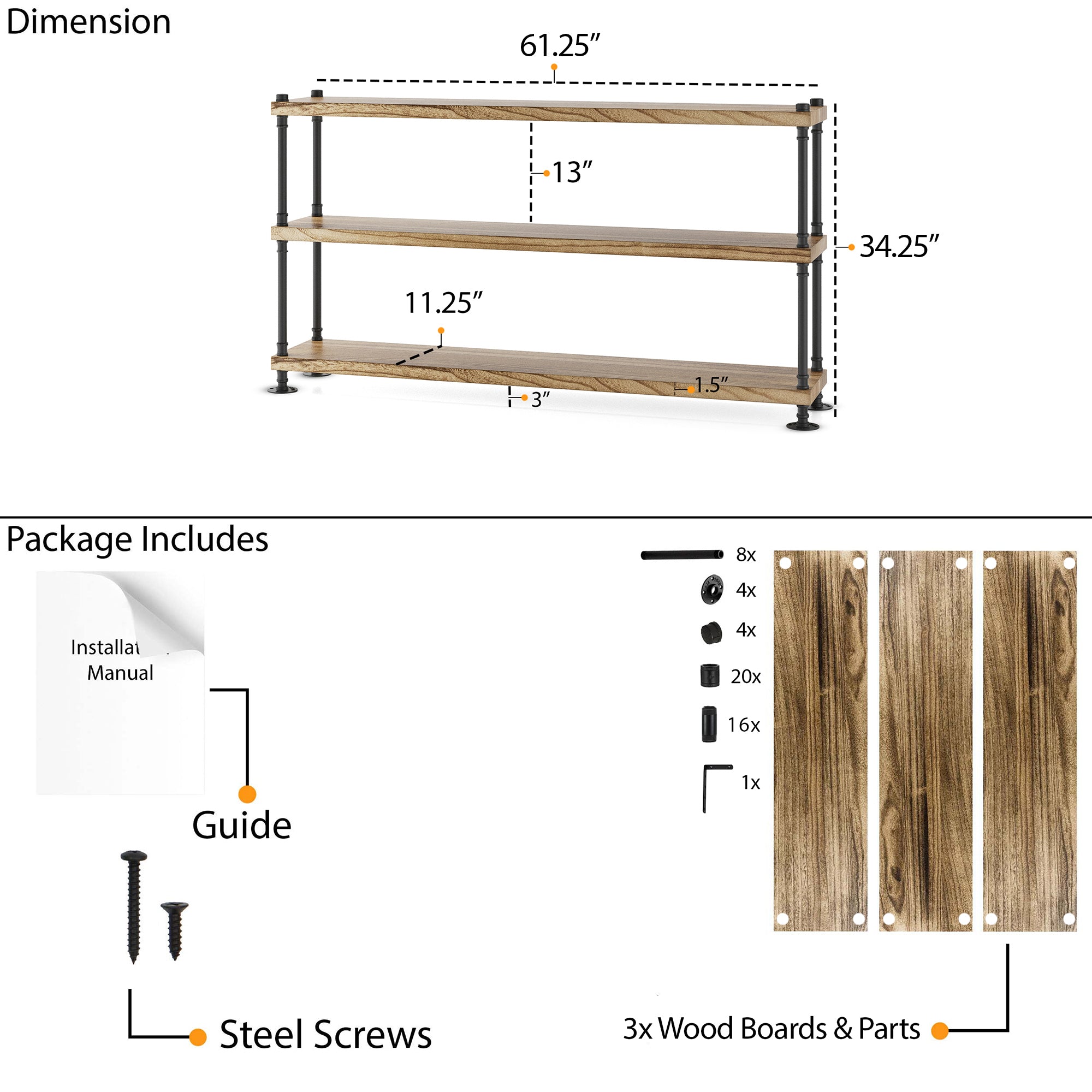 3 tier industrial bookshelf with dimensions and package contents including wood boards, screws, and a guide.