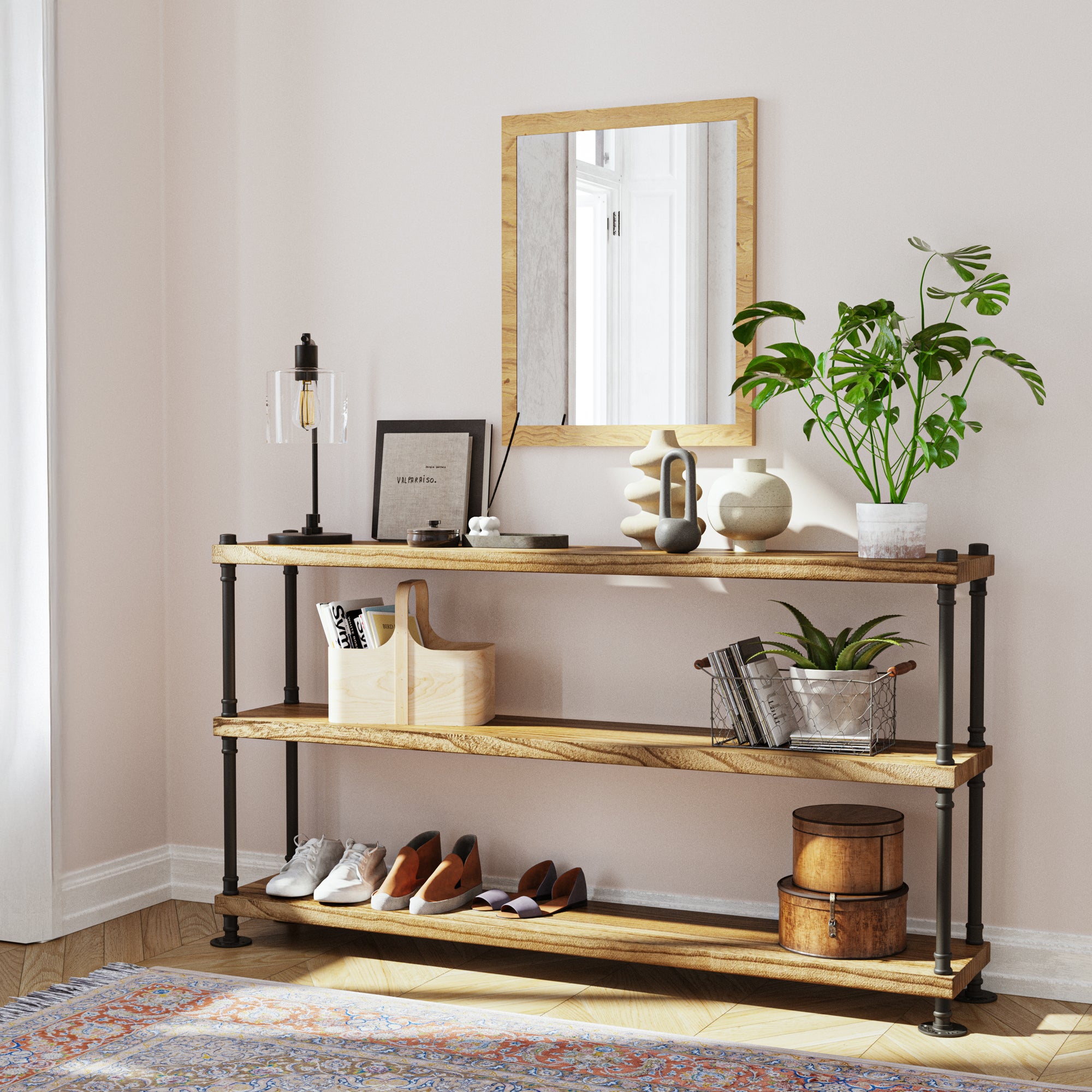 3 tier wooden shelving unit with decorative items in a room setting