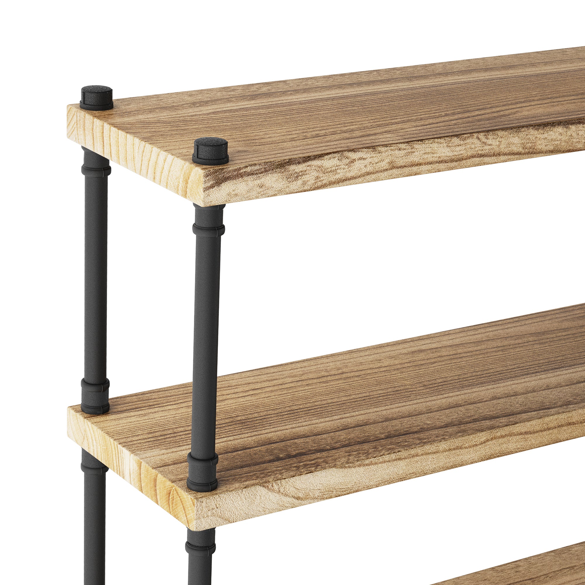 Wooden shelf with black pipe brackets on a white background
