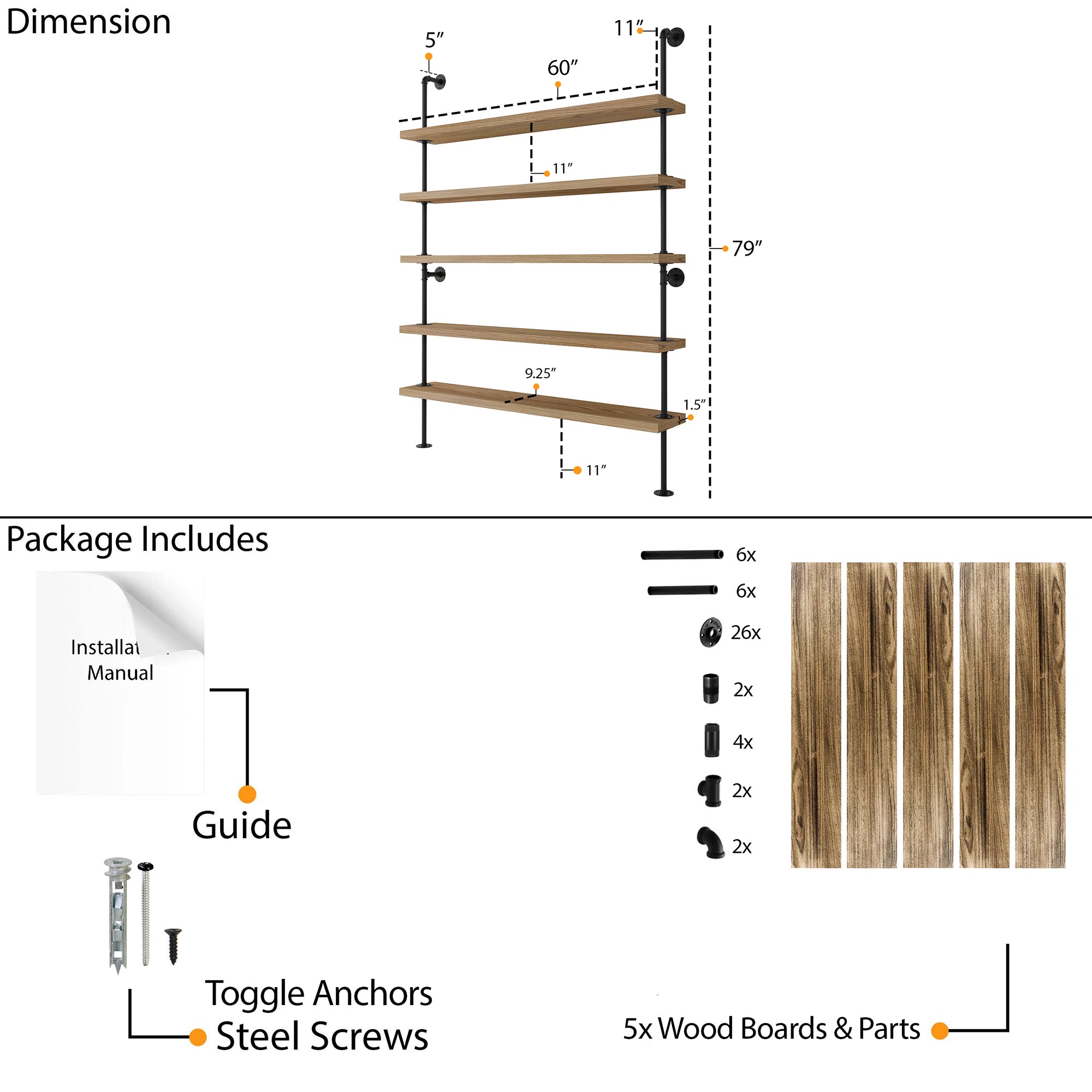 5 tier industrial pipe bookshelf with dimensions and package contents including wood boards, screws, and a guide.