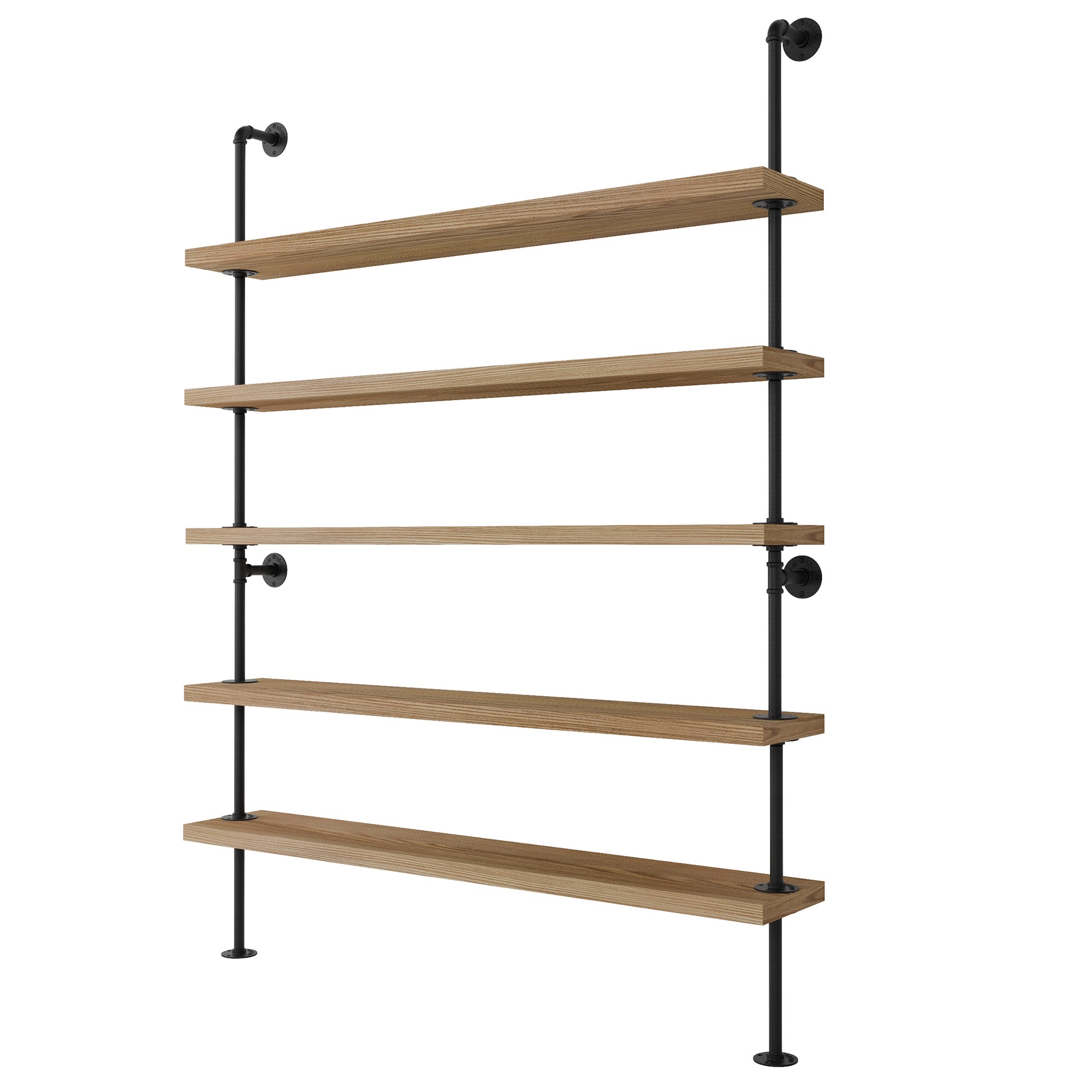 5 tier industrial shelving unit with real wood boards with black metal pipe brackets on a white background