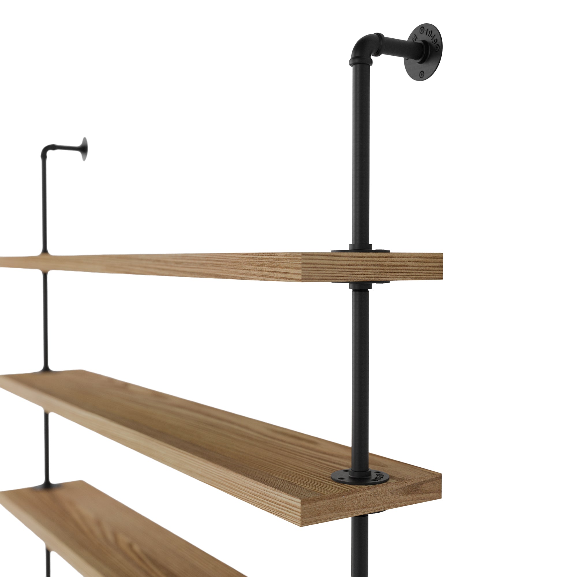 Wooden shelving system with black metal pipe brackets on a white background