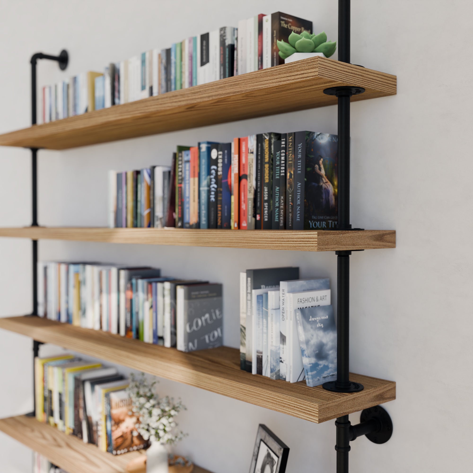 5 tier shelving unit with books and decor against a white wall