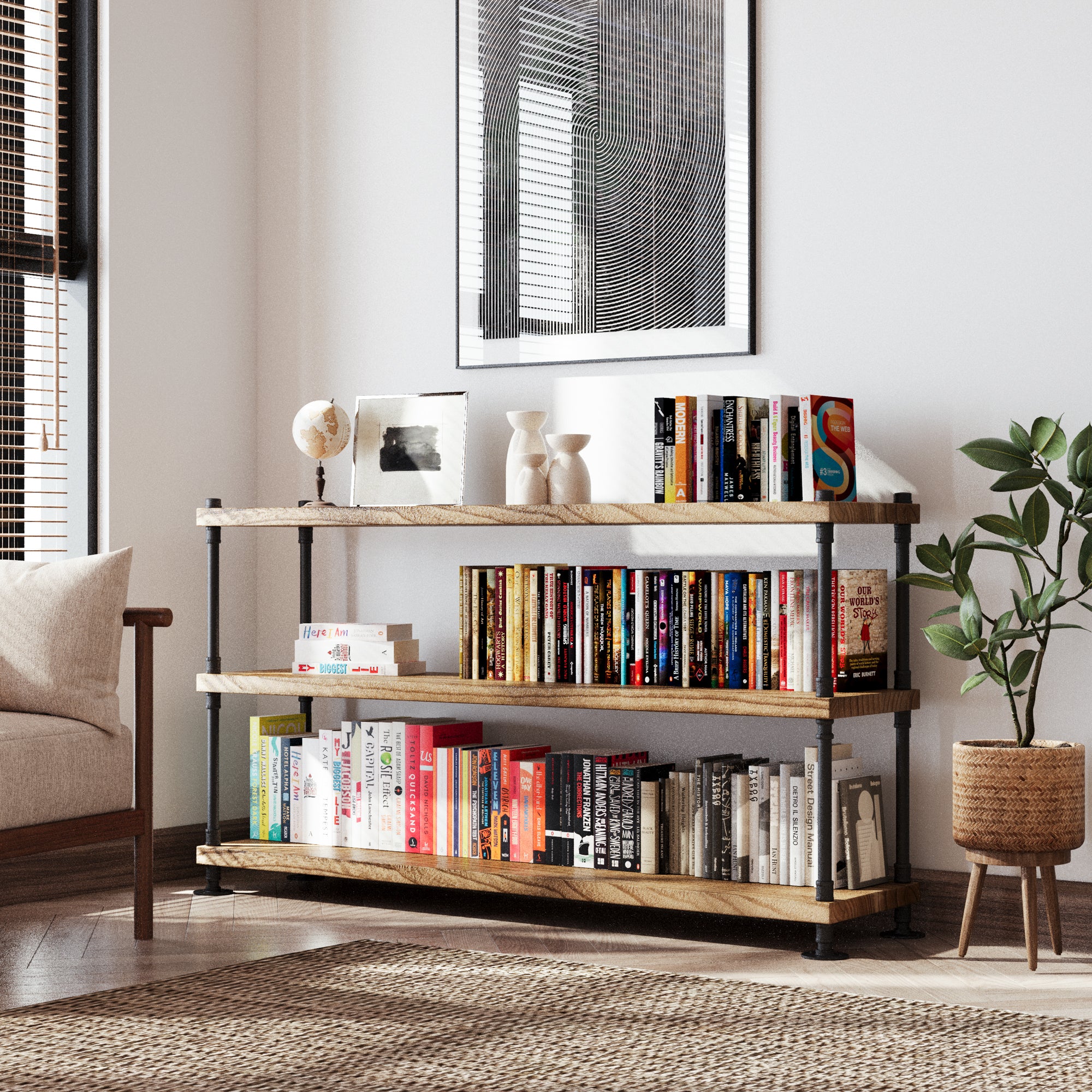 Hanging bookshelf with books and decor in a living room setting