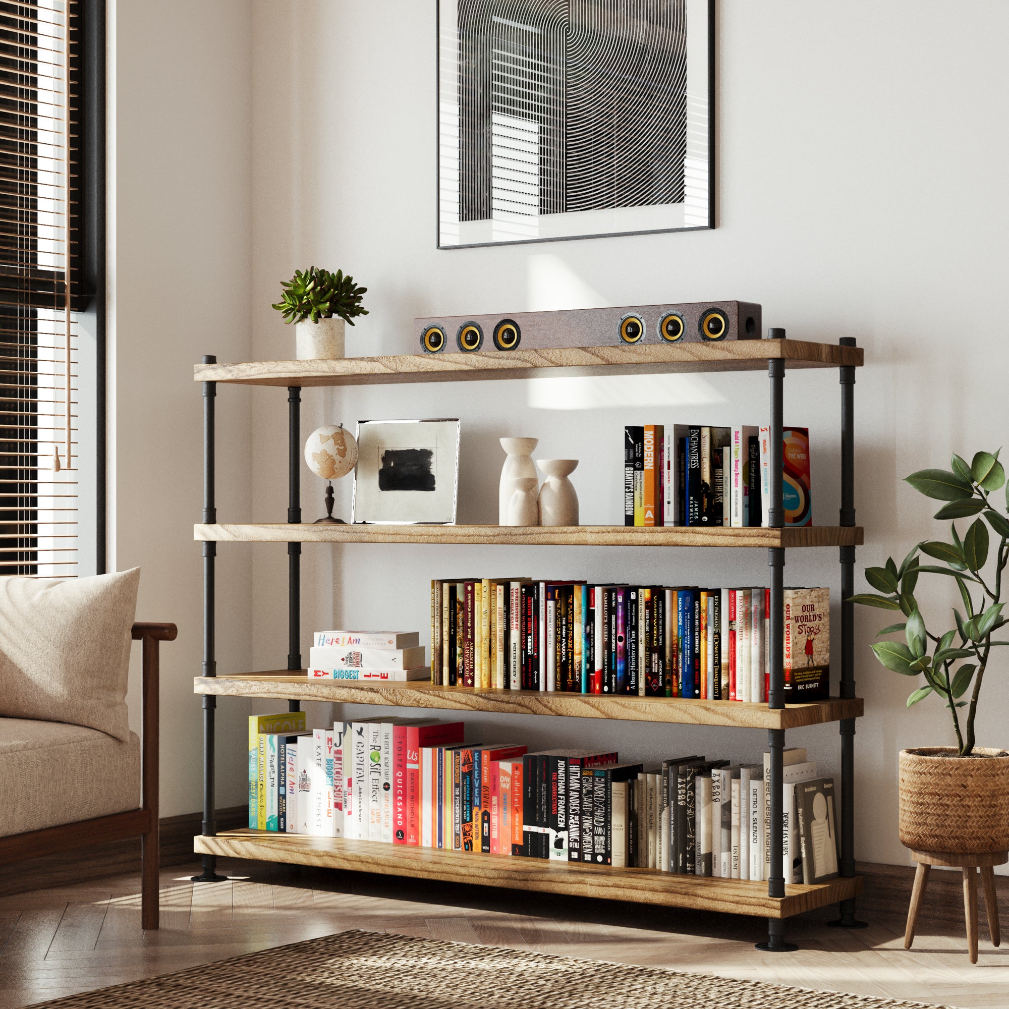 60 inch long 4 tiered wooden bookshelf with pipe brackets with books and decor in a living room setting