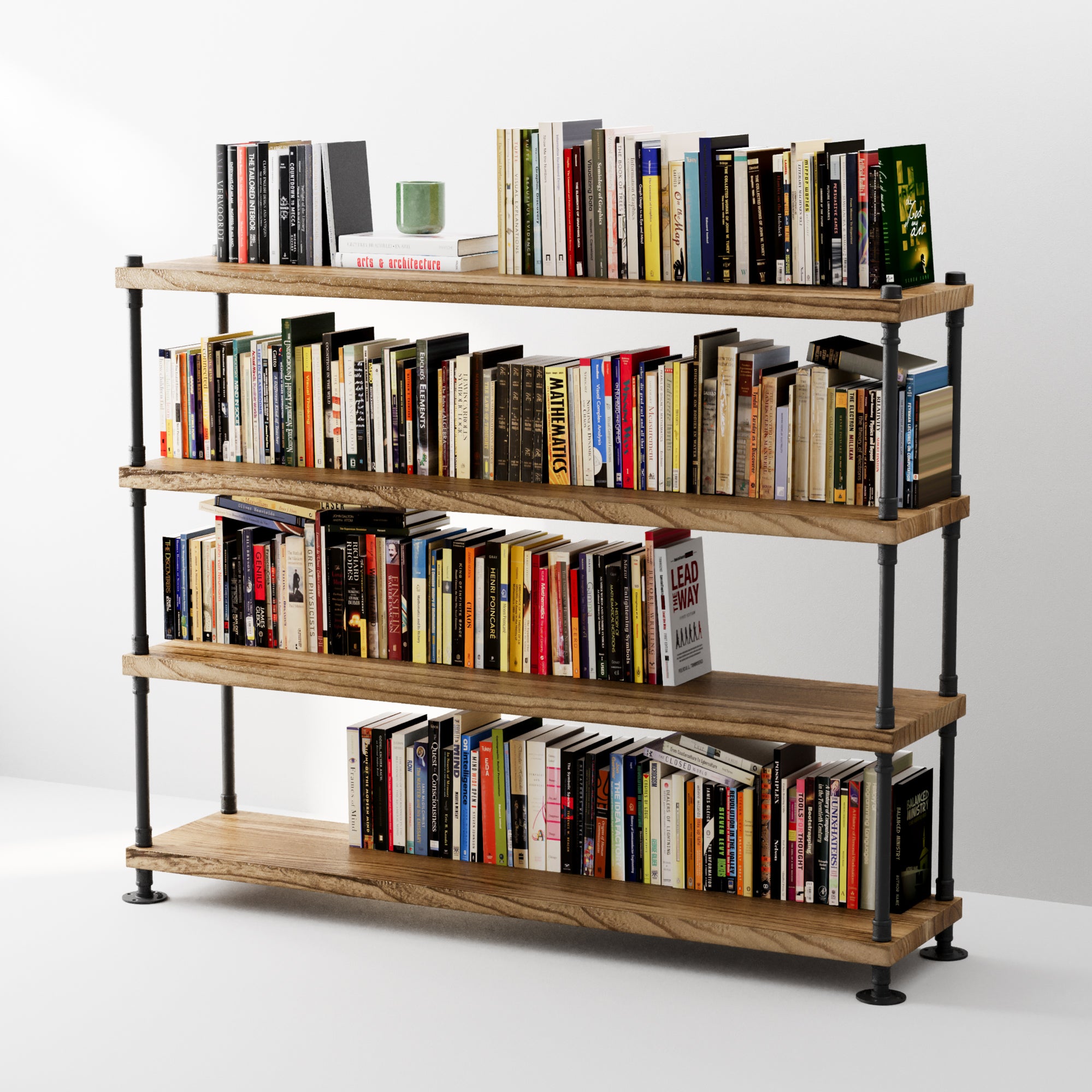 4 tiered industrial pipe shelving unit with books on a white background