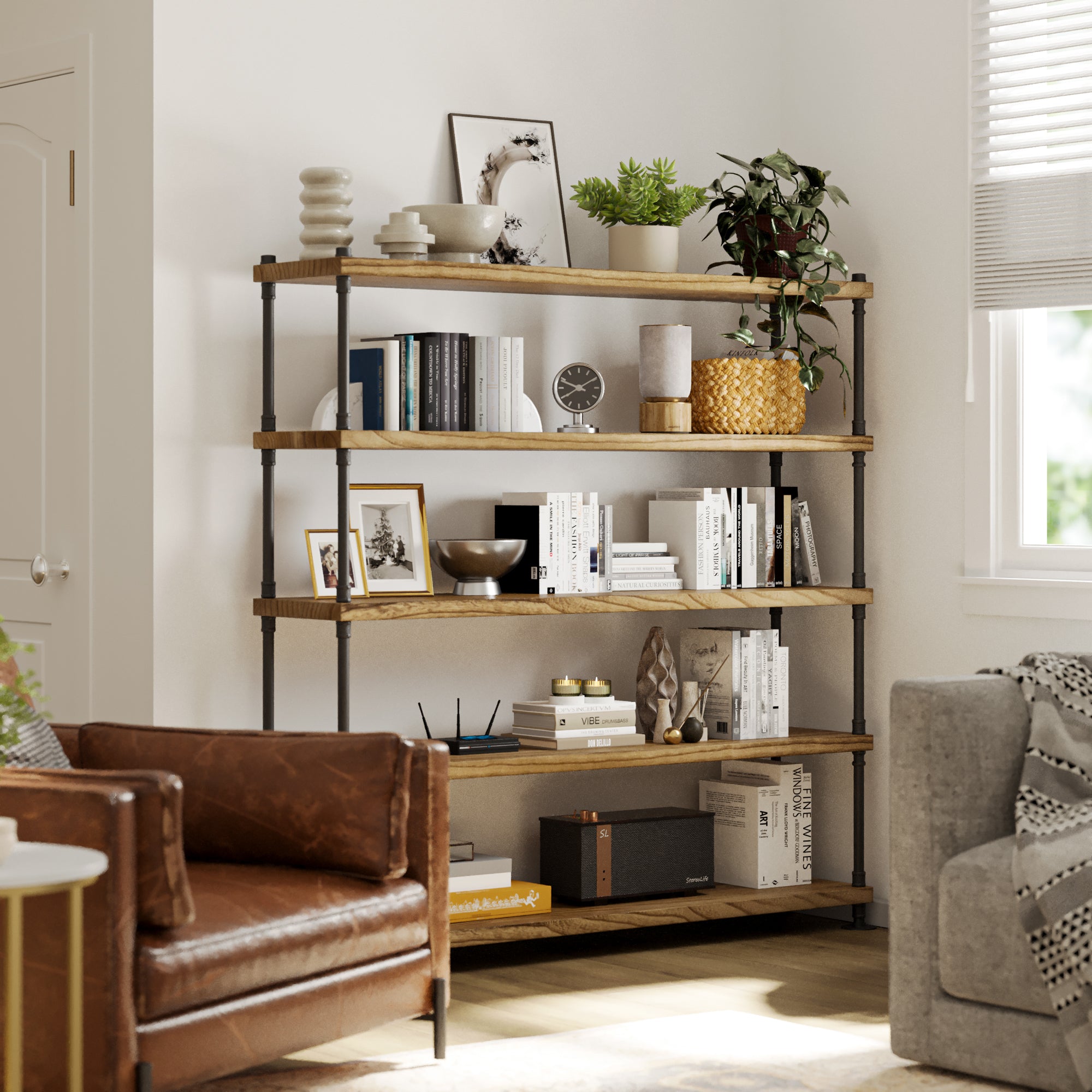 5 tiered living room bookshelf with decorative items in a living room setting