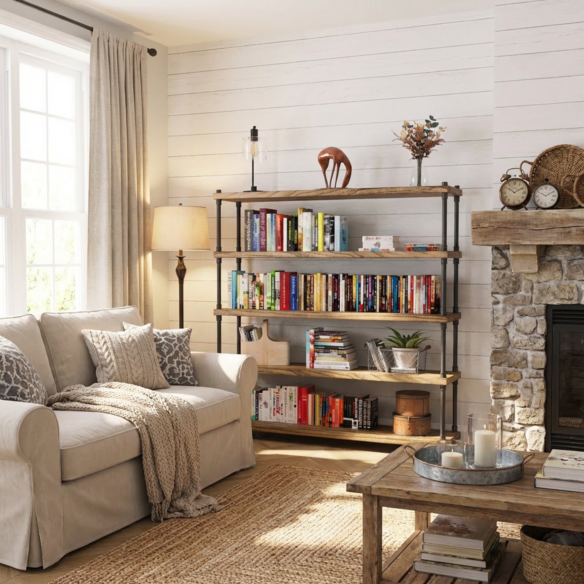 Cozy living room with a beige sofa, 5 tiered living room bookshelf, and fireplace.