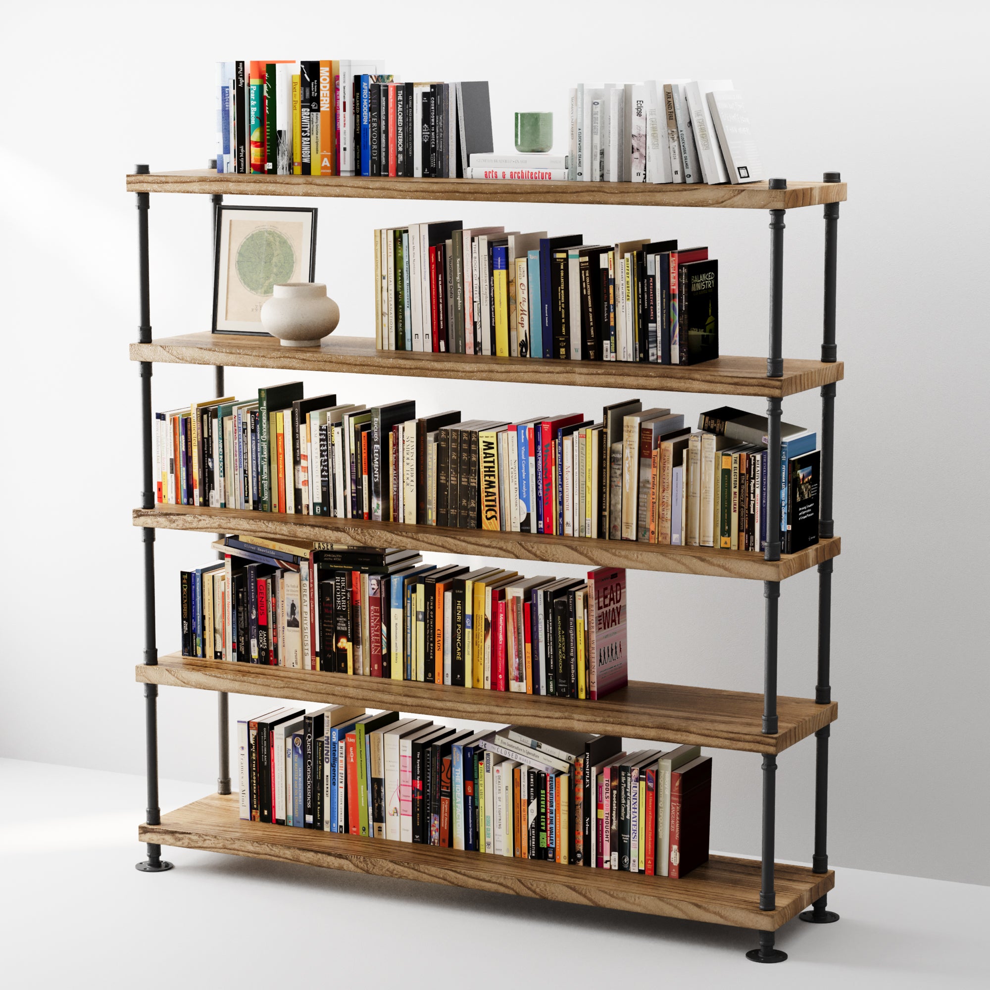 5 tiered wooden bookshelf with books and decor items against a white background