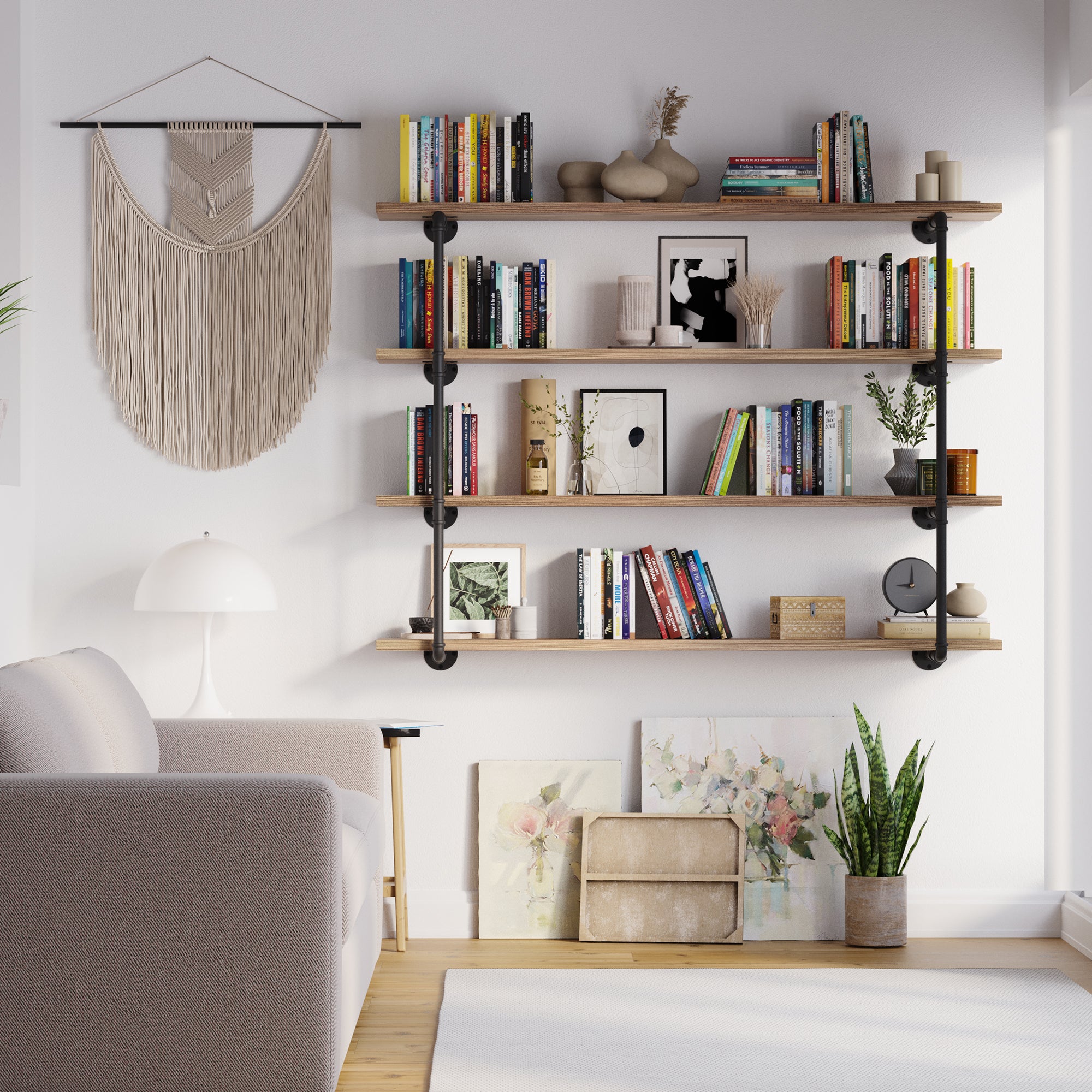4 tier floating bookshelf styled in a cozy living room with a burnt wood finish. This 60” long wall shelf adds decorative storage, helping organize books, framed art, and accents with rustic industrial appeal.