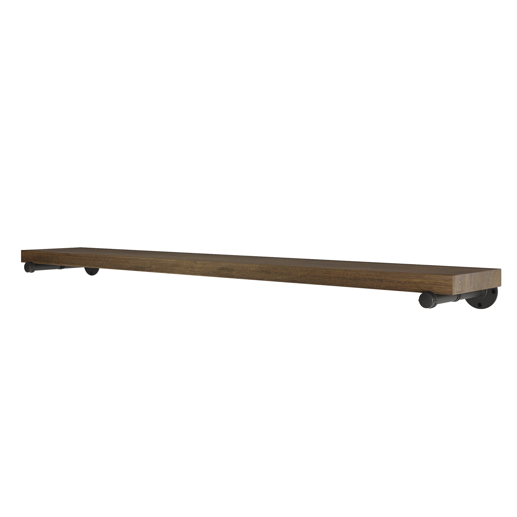 60 inch industrial pipe shelf with rustic wood board and black heavy-duty pipe brackets. Long wall shelf design provides durable storage for books, décor, kitchen essentials, or living room organization.