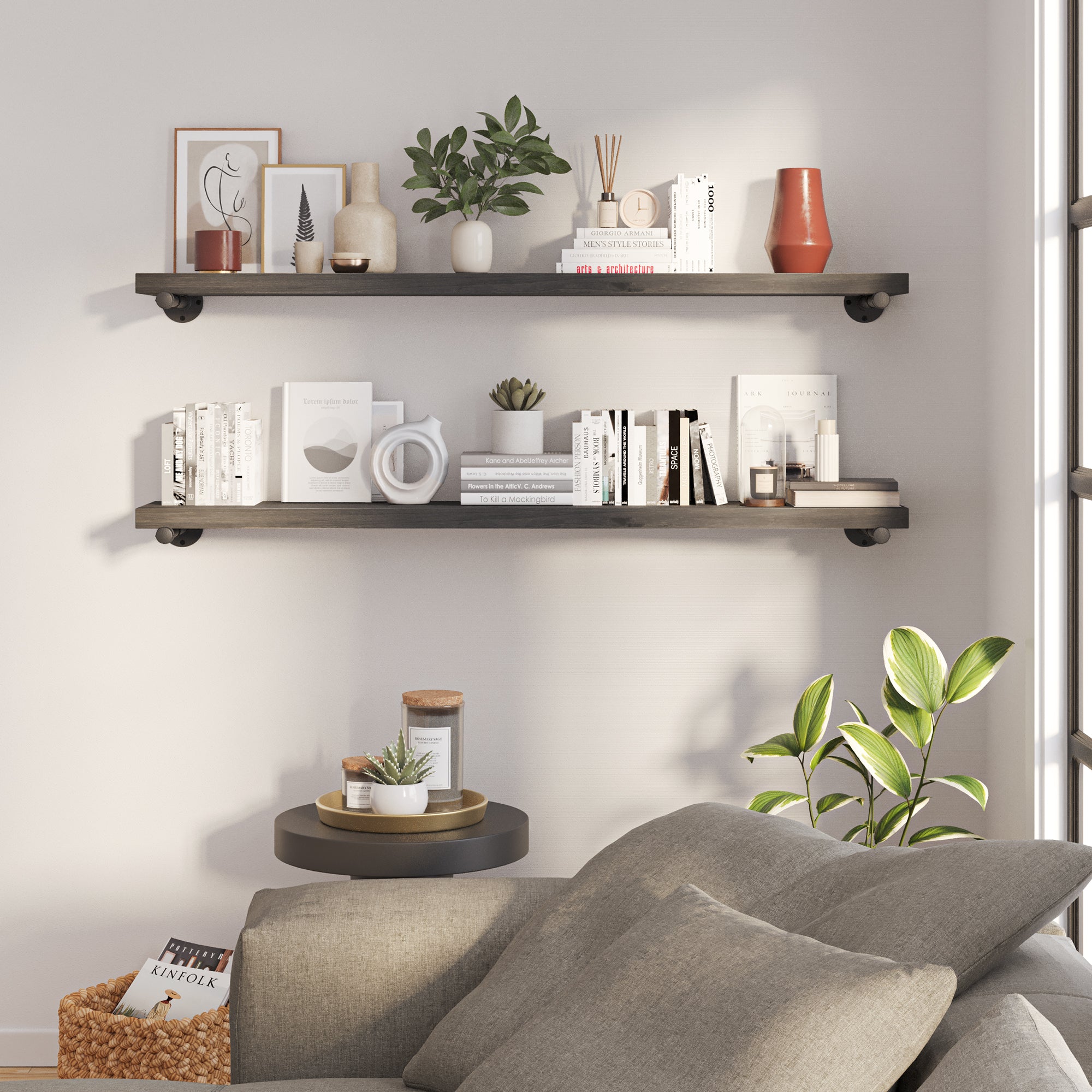 Two 60" long wall mounted shelves displayed in a modern living room, offering stylish wall-mounted storage for books, plants, and décor. Industrial pipe shelving blends rustic wood with contemporary home organization.