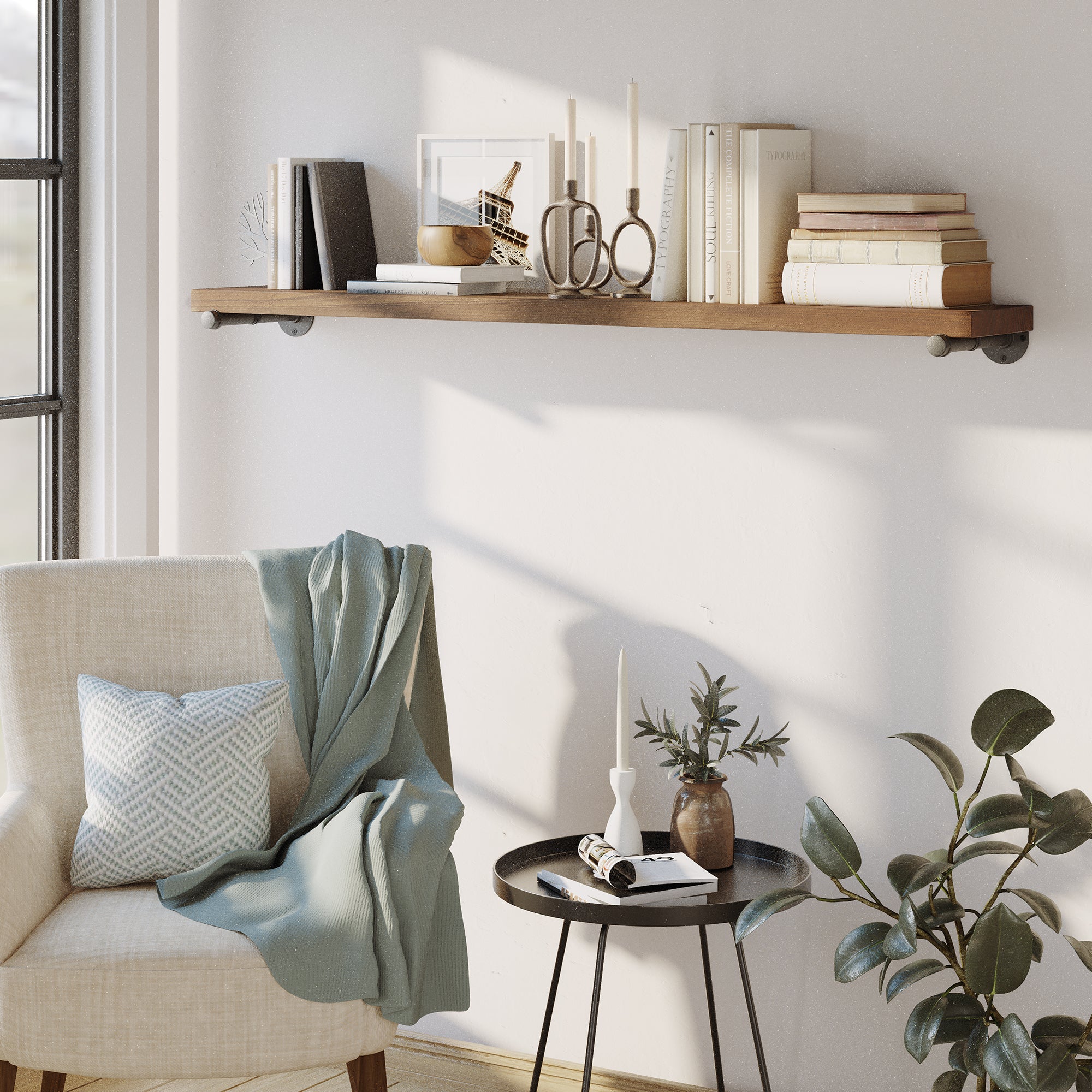 60 inch wooden wall shelf displayed in a cozy living room, offering stylish storage for books, candles, and decorative pieces. Industrial shelving design blends farmhouse charm with modern wall organization.