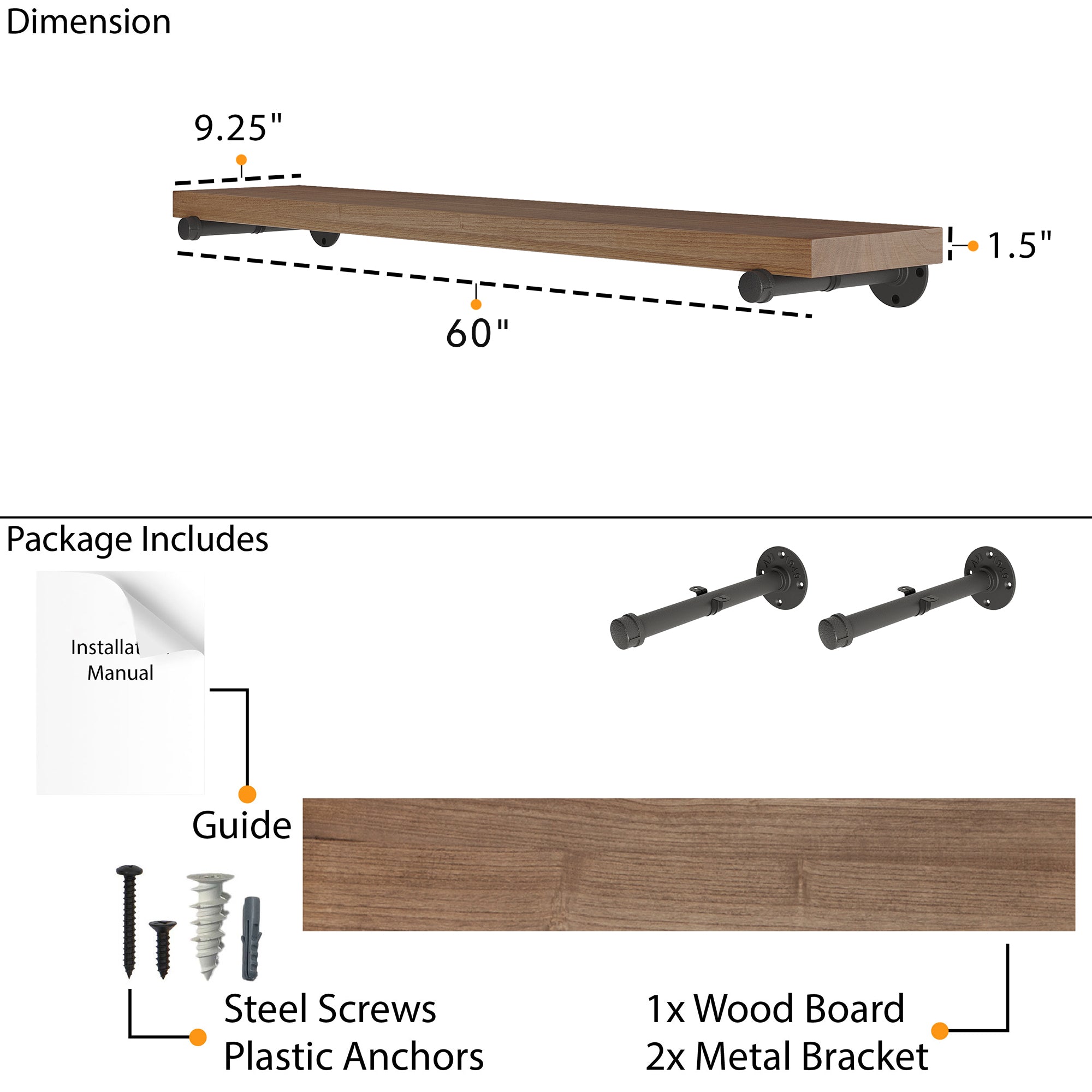 Industrial pipe shelf dimensions featuring a 9.25” deep, 1.5” thick wood board with durable metal pipe brackets. Includes mounting hardware, screws, anchors, and installation guide for easy wall mounting.