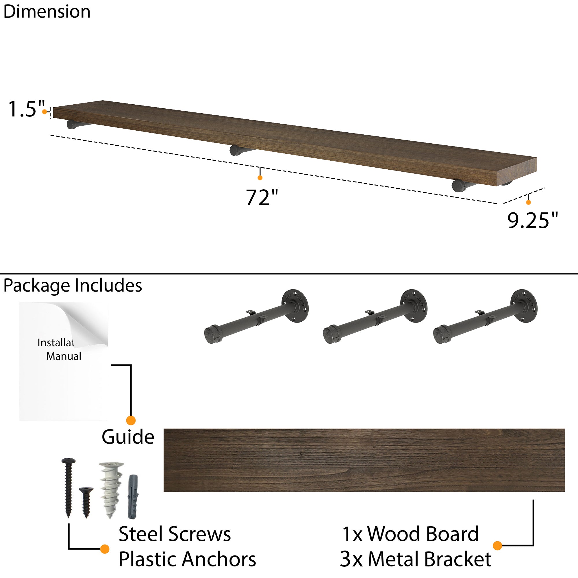 72” industrial pipe shelf dimensions feature a spacious 9.25” depth and sturdy 1.5” thick wood board in dark walnut finish. Includes 3 heavy-duty metal brackets, screws, anchors, and installation guide for secure mounting.