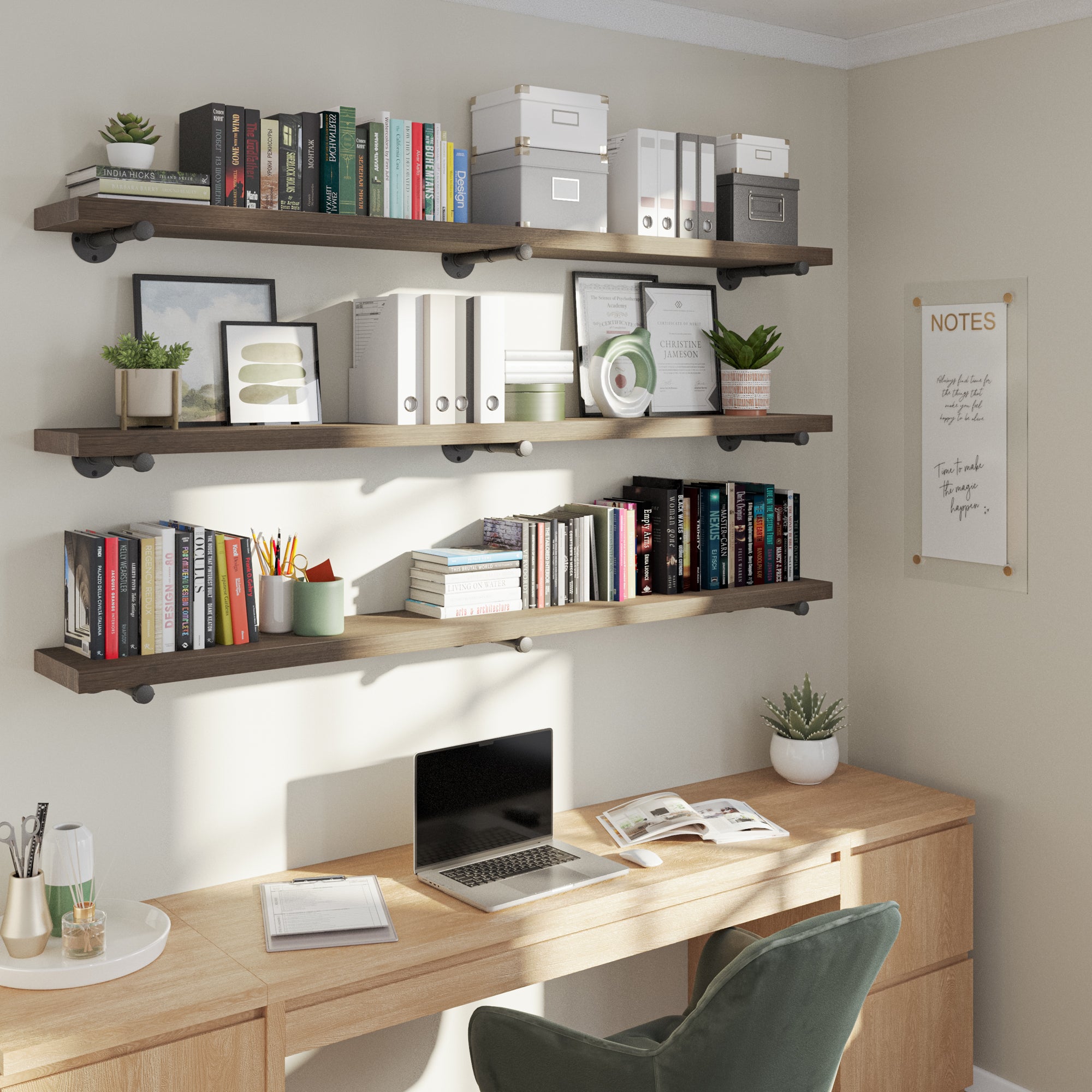 Dark walnut industrial pipe shelves transform office walls into organized storage space. These 72 inch long floating shelves are ideal for books, storage boxes, décor, workspace organization, and modern farmhouse interiors.