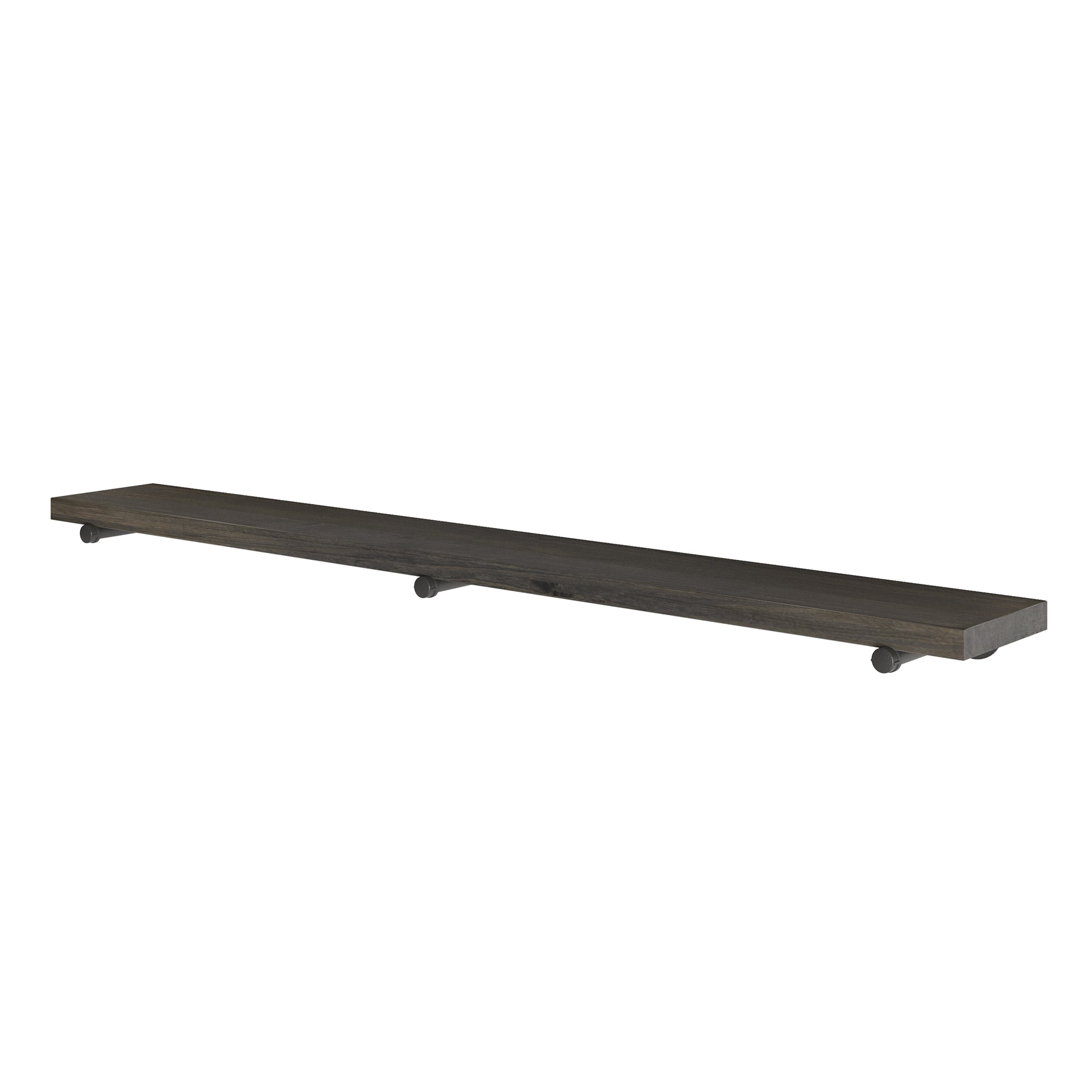 72 inch long floating bookshelf with black pipe brackets in a rich ebony finish and durable black metal brackets. This extra long wood shelf blends rustic and industrial décor while offering practical storage for books, office supplies, or wall displays.