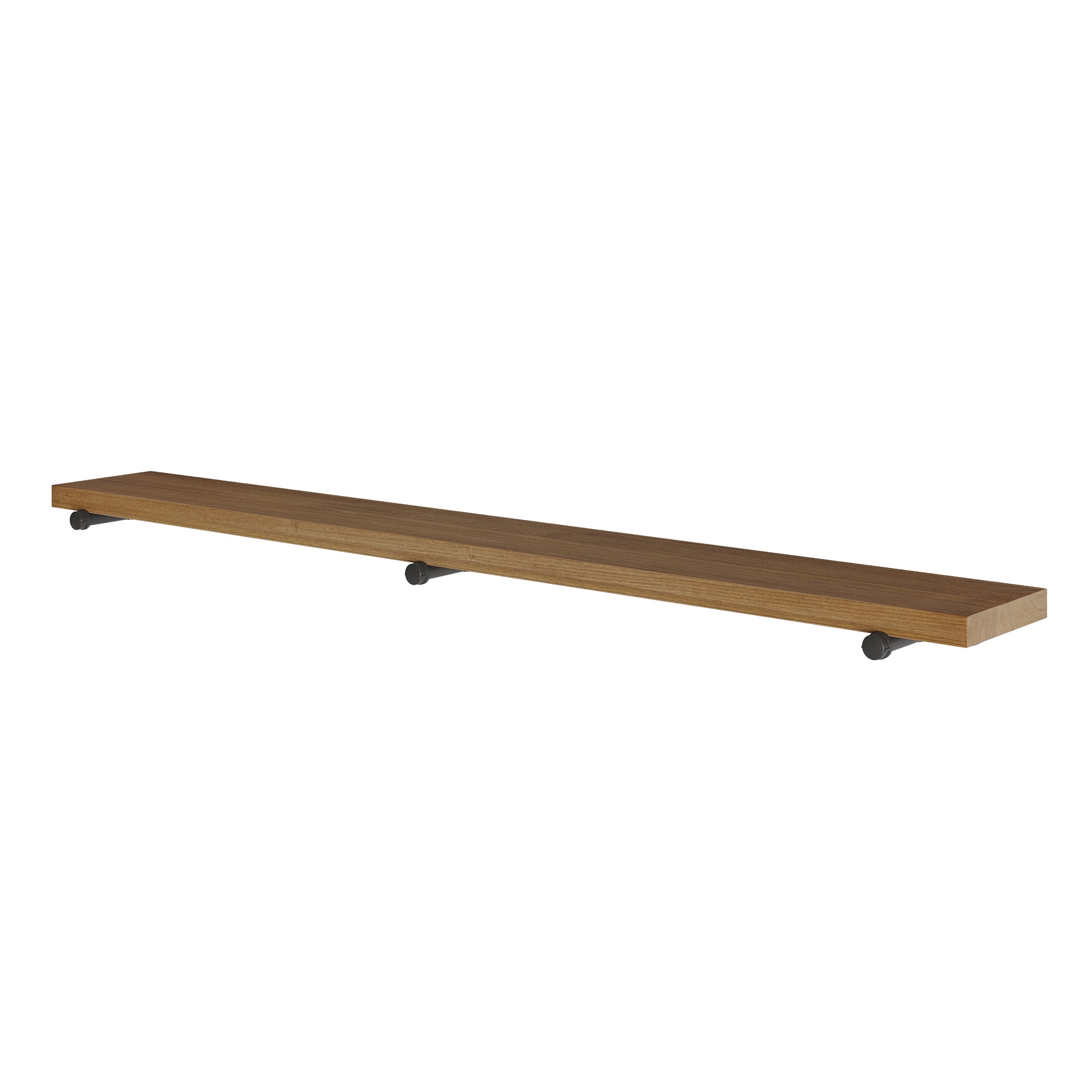Long hanging shelf for wall with a rich Special Walnut finish and sturdy black metal pipe brackets. A decorative wall-mounted shelf ideal for books, storage, kitchen organization, office décor, and farmhouse interiors.